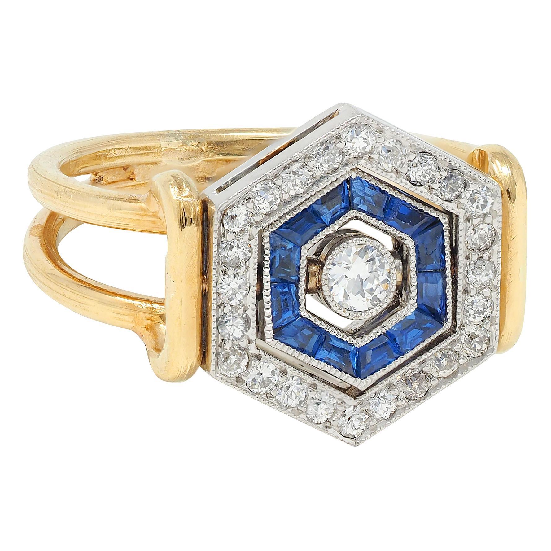 Art Deco Sapphire Diamond Platinum 18 Karat Yellow Gold Vintage Flip Ring For Sale 3