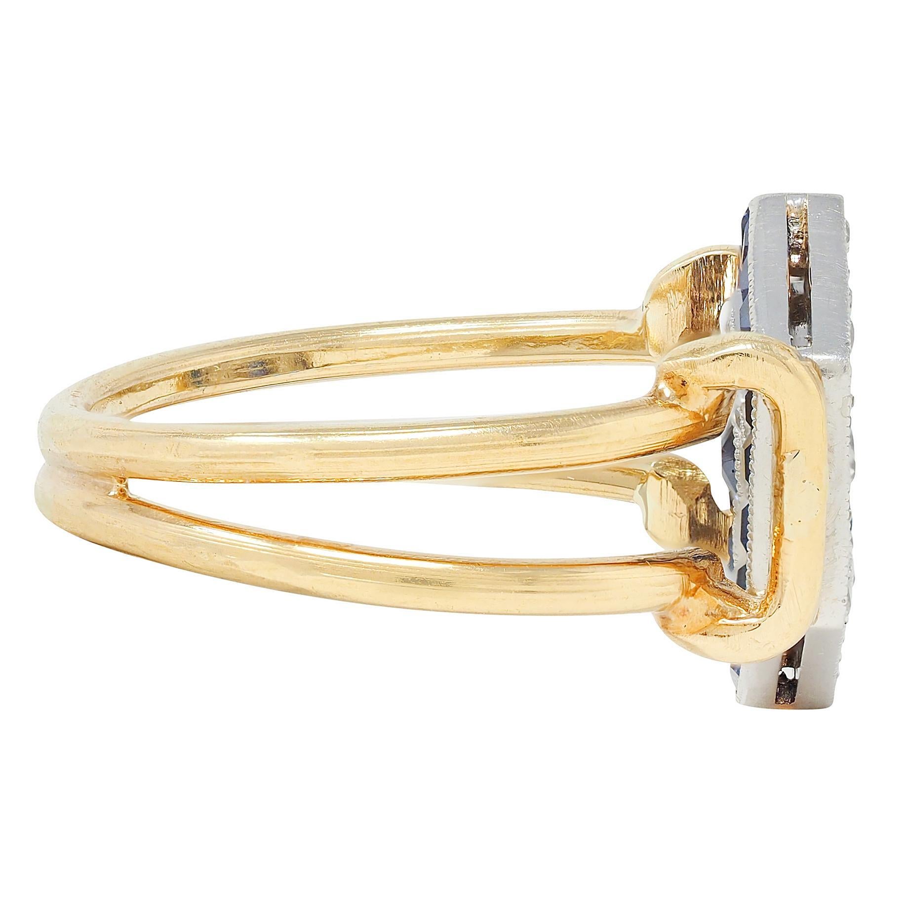 Art Deco Sapphire Diamond Platinum 18 Karat Yellow Gold Vintage Flip Ring For Sale 4