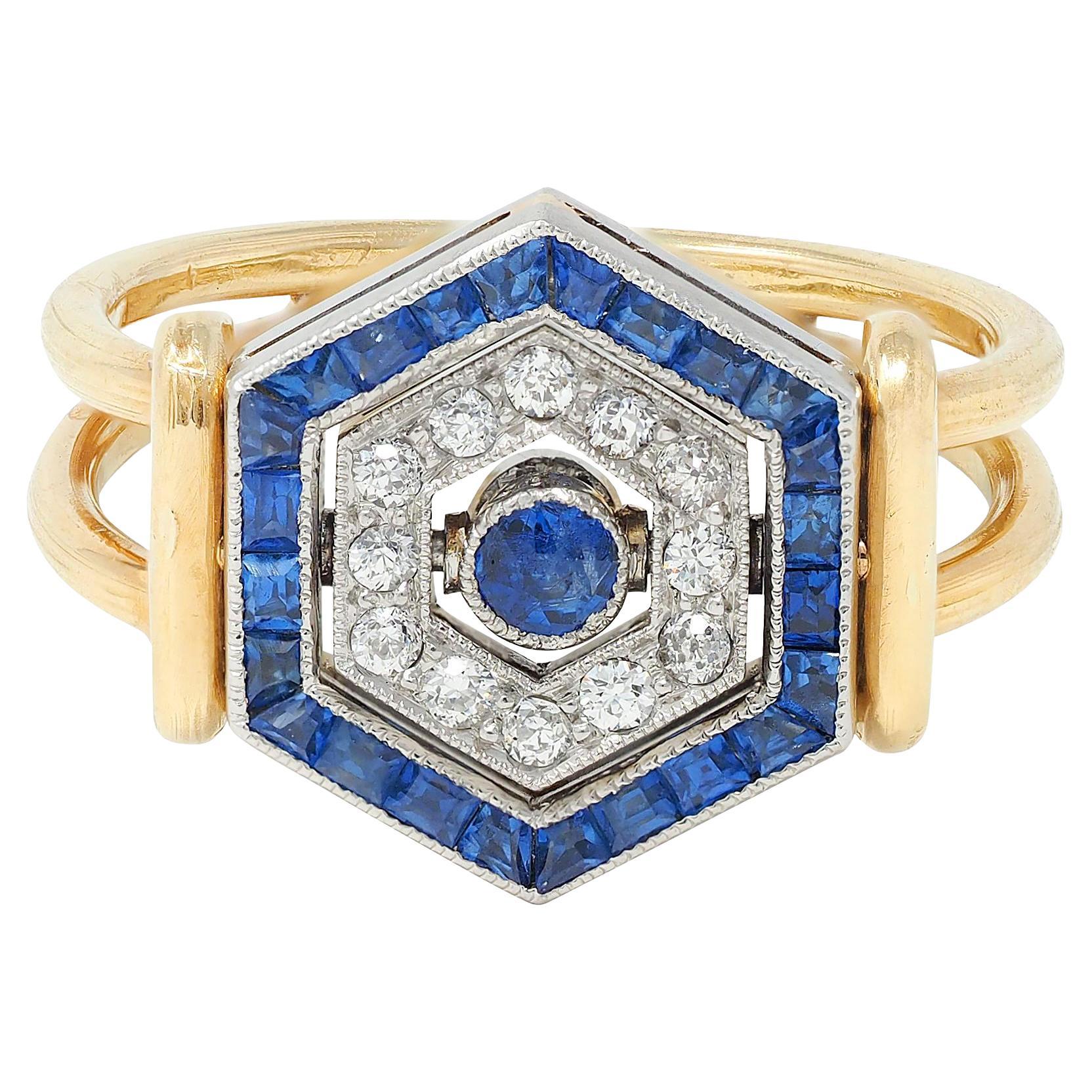 Art Deco Sapphire Diamond Platinum 18 Karat Yellow Gold Vintage Flip Ring For Sale