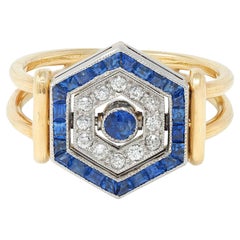 Art Deco Sapphire Diamond Platinum 18 Karat Yellow Gold Vintage Flip Ring