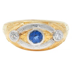 Art Deco Sapphire Diamond Platinum 18 Karat Yellow Gold Vintage Scroll Band Ring