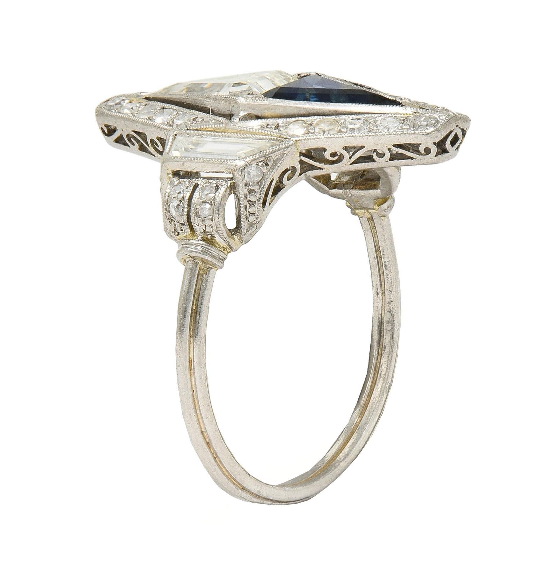 Art Deco Sapphire Diamond Platinum Antique Scrolling Navette Dinner Ring 5