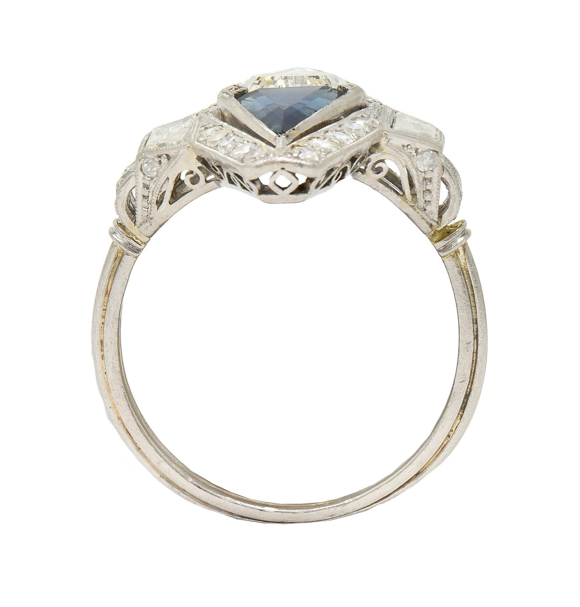 Art Deco Sapphire Diamond Platinum Antique Scrolling Navette Dinner Ring 6