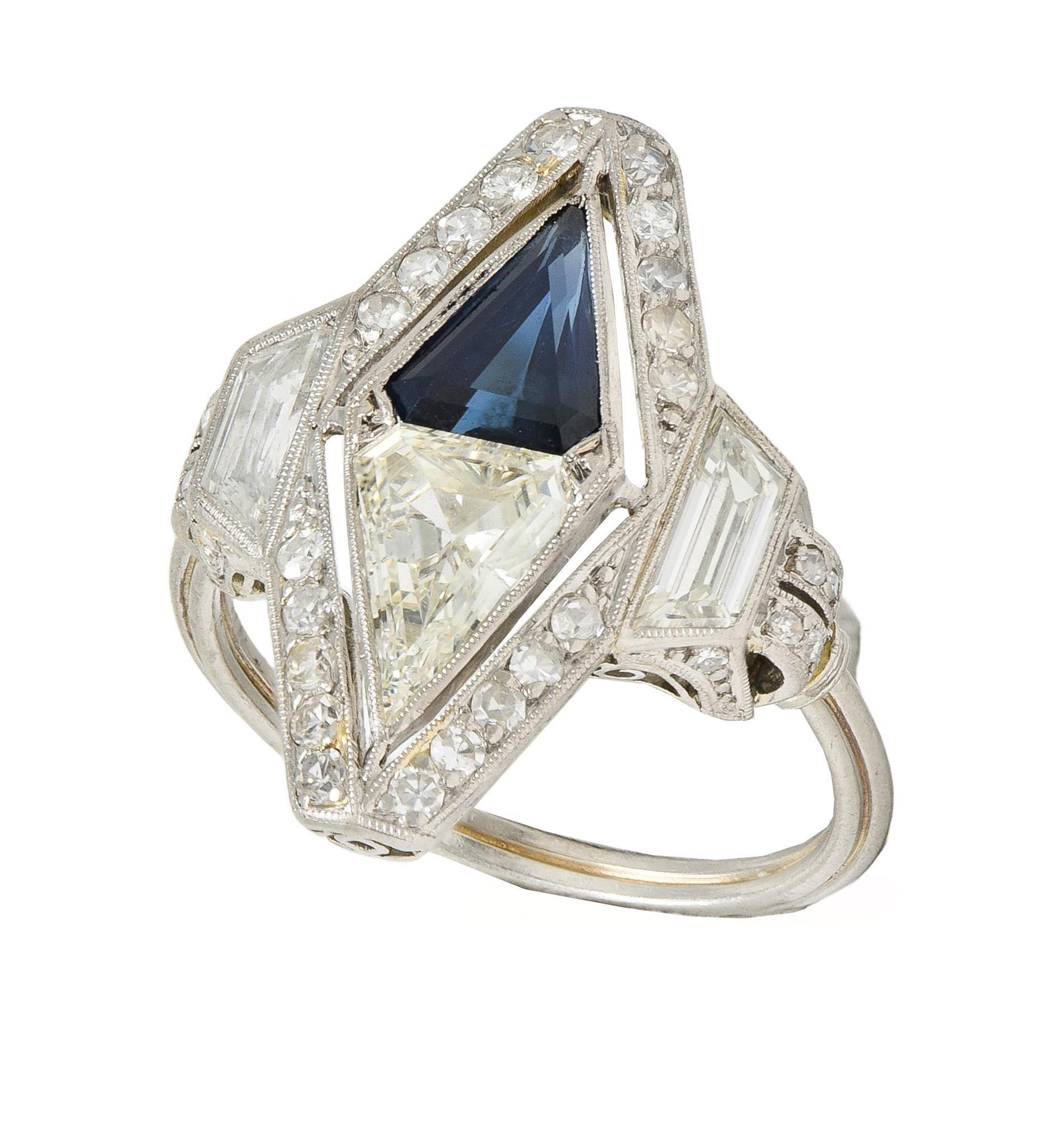 Art Deco Sapphire Diamond Platinum Antique Scrolling Navette Dinner Ring 7