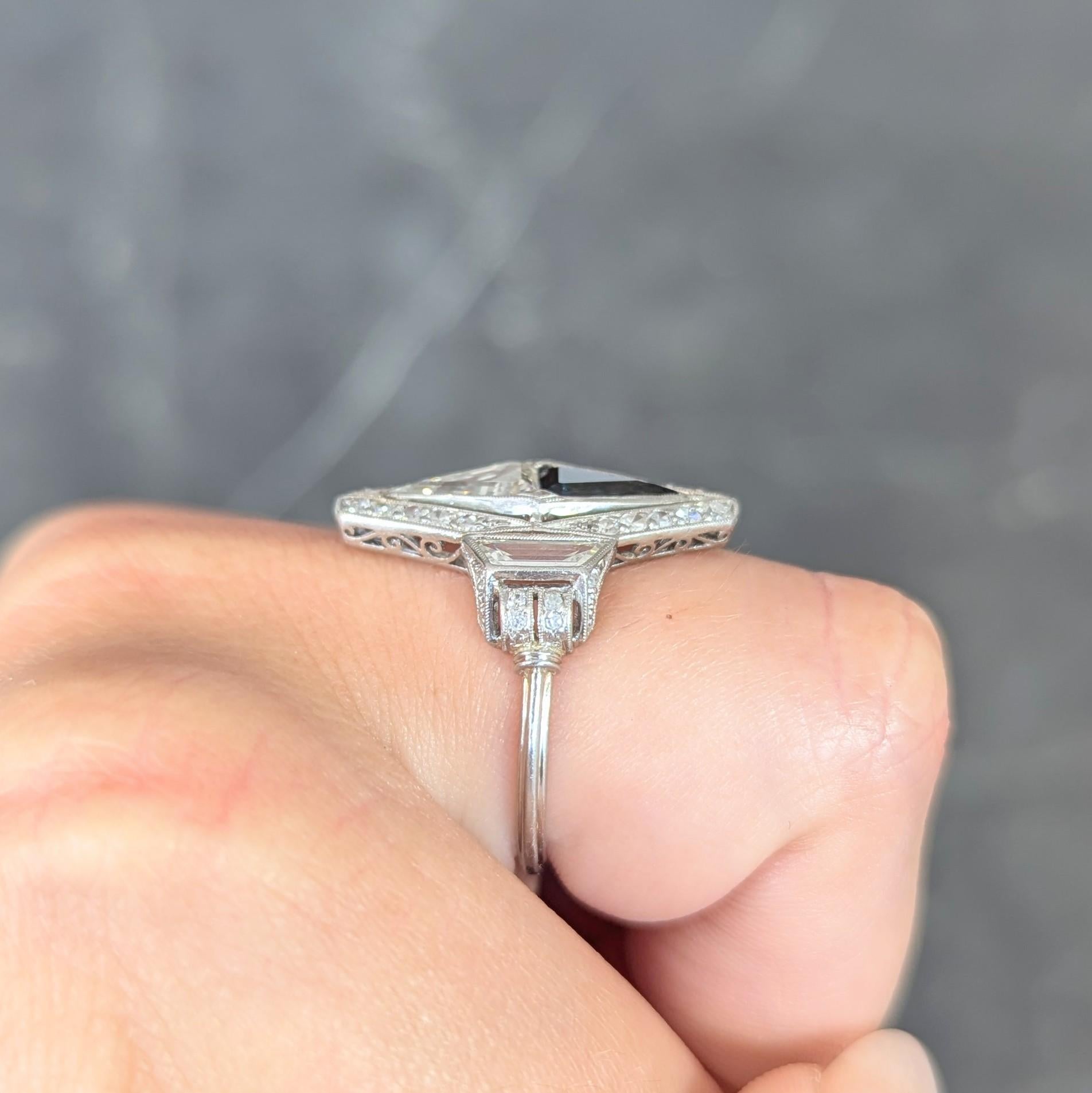 Art Deco Sapphire Diamond Platinum Antique Scrolling Navette Dinner Ring 8