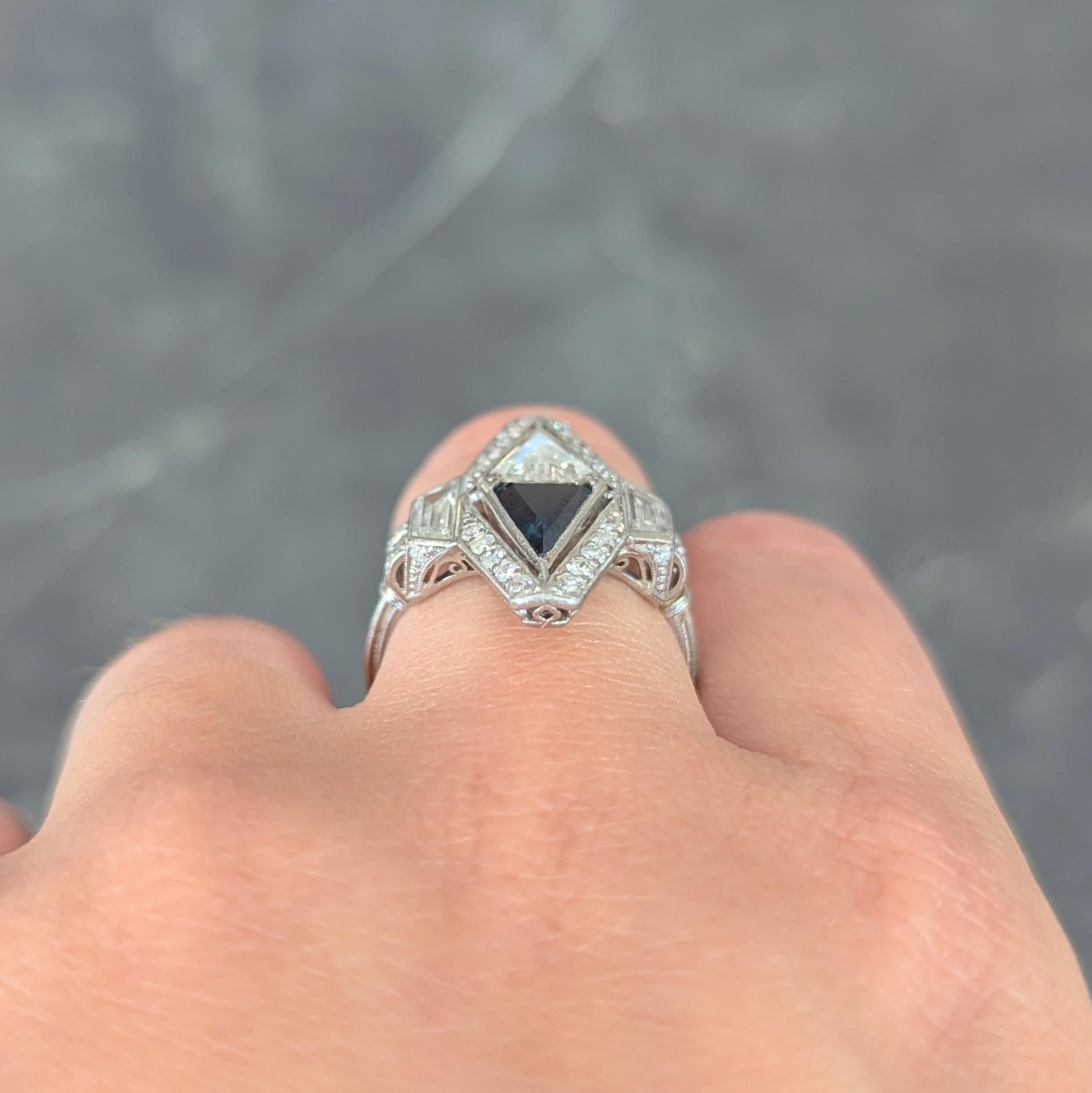Art Deco Sapphire Diamond Platinum Antique Scrolling Navette Dinner Ring 9