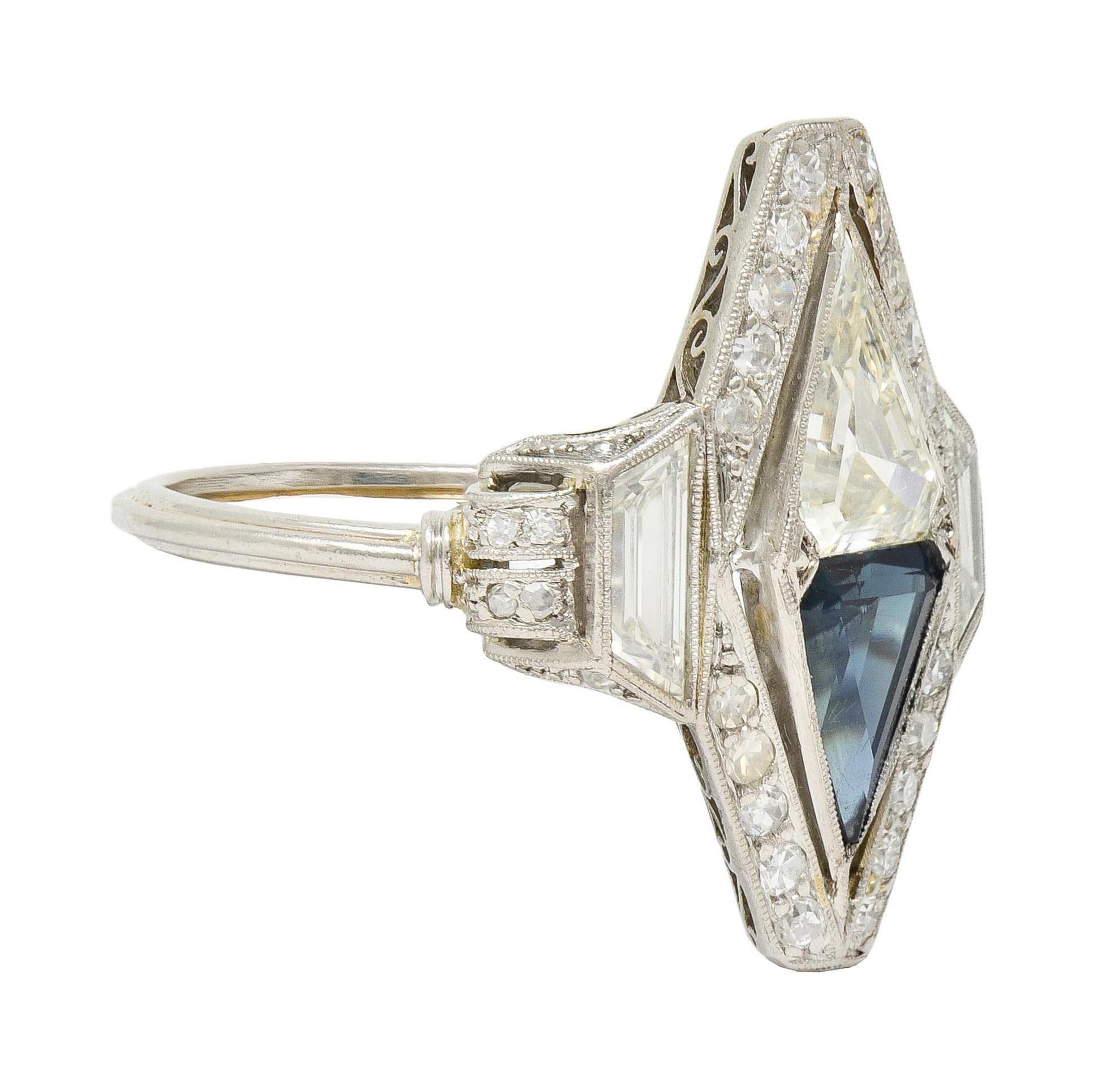 Mixed Cut Art Deco Sapphire Diamond Platinum Antique Scrolling Navette Dinner Ring