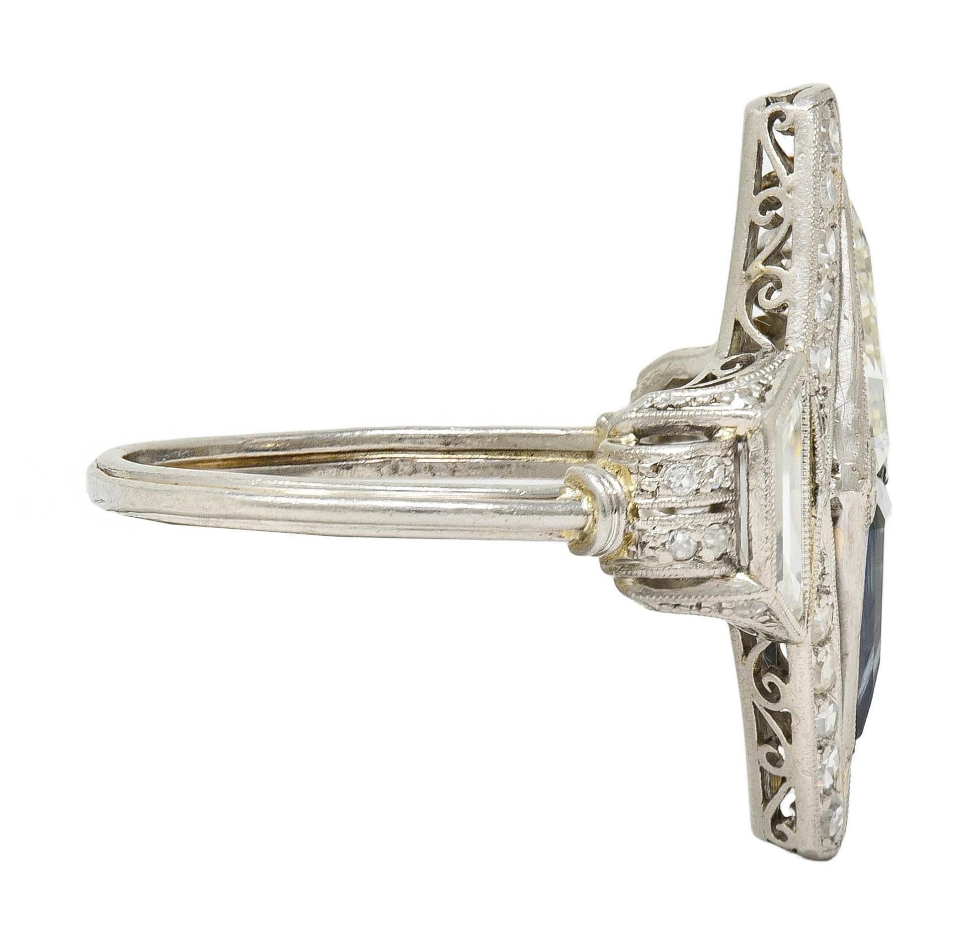 Art Deco Sapphire Diamond Platinum Antique Scrolling Navette Dinner Ring In Excellent Condition In Philadelphia, PA