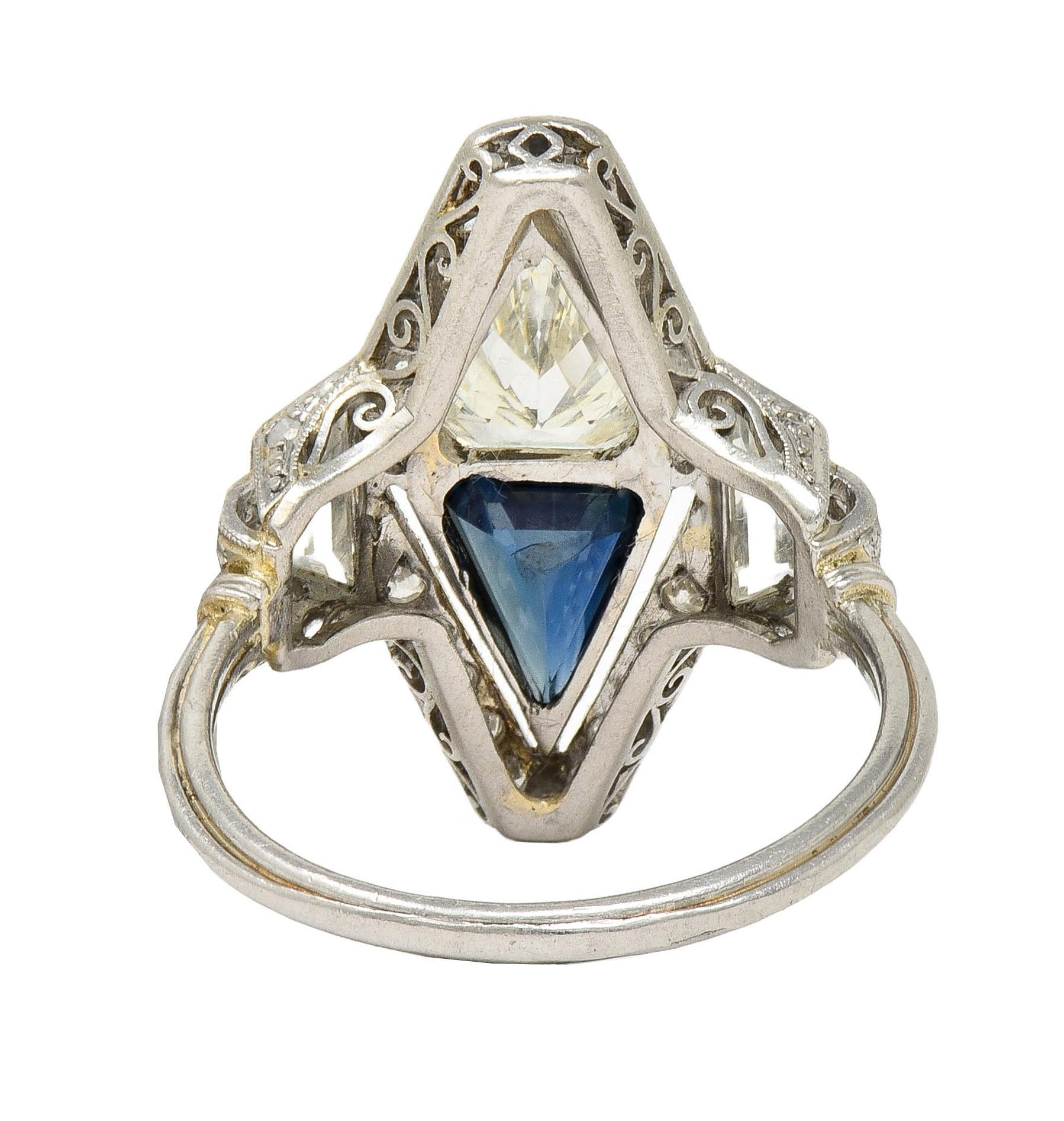 Women's or Men's Art Deco Sapphire Diamond Platinum Antique Scrolling Navette Dinner Ring