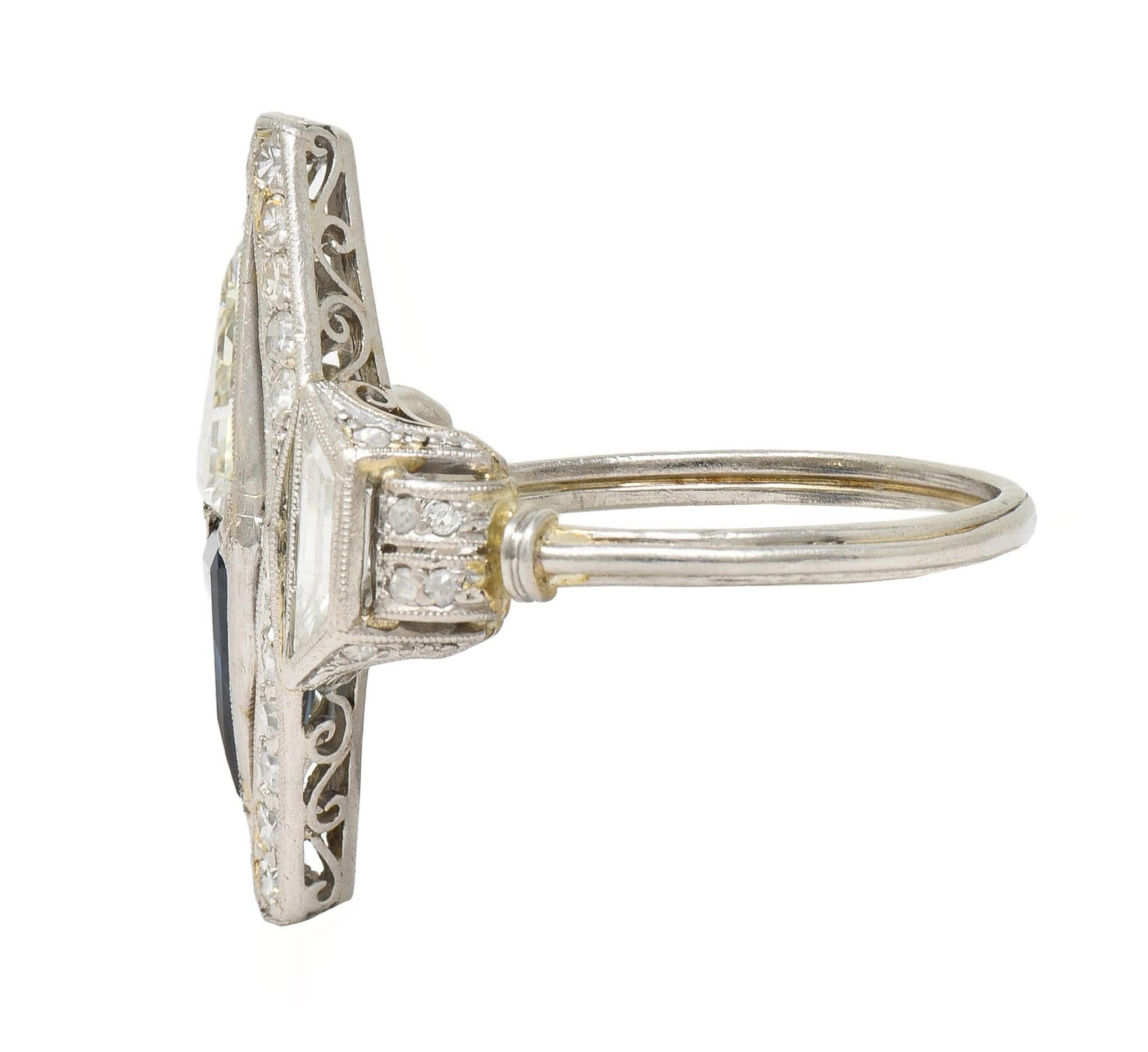 Art Deco Sapphire Diamond Platinum Antique Scrolling Navette Dinner Ring 1