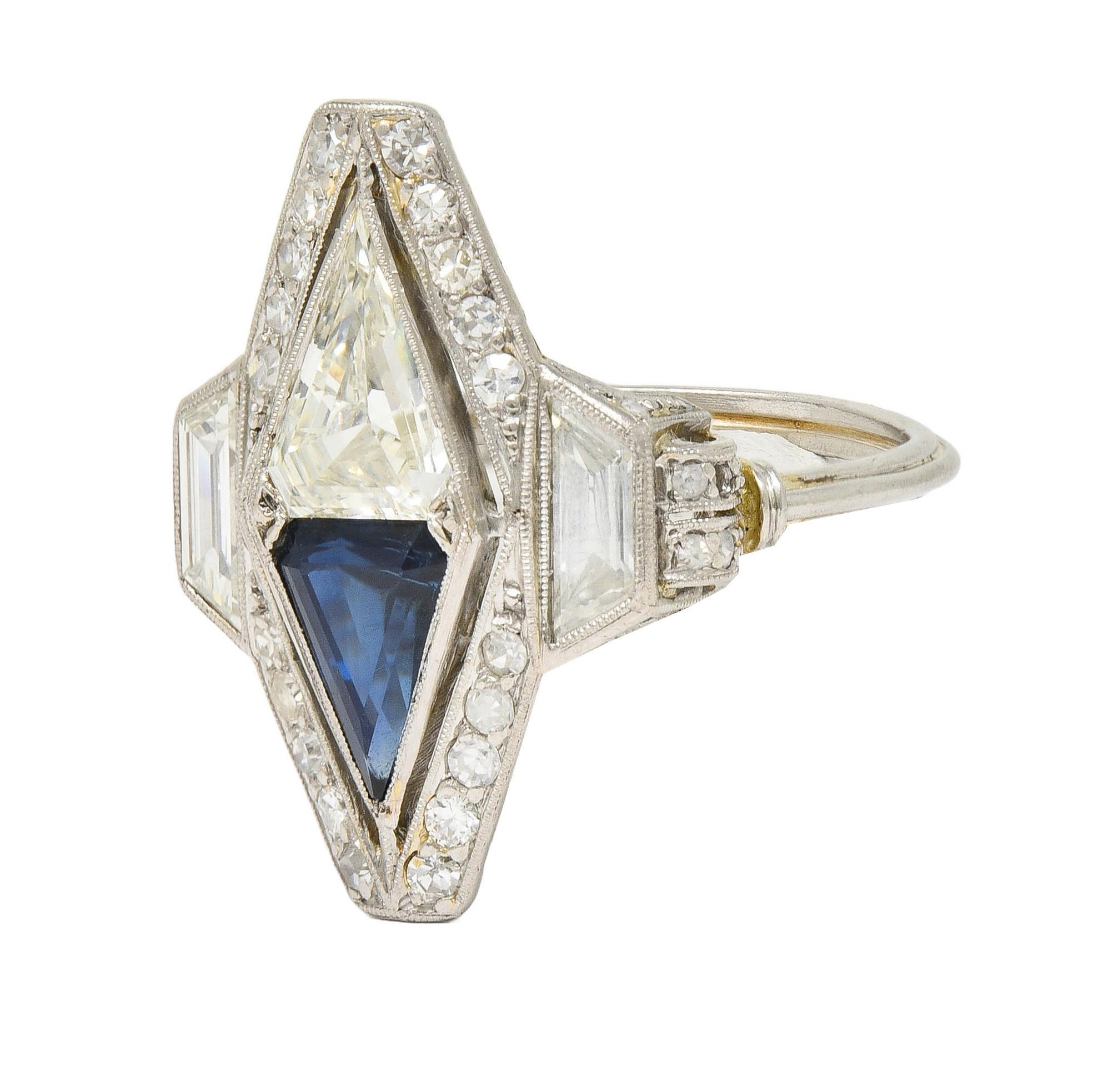 Art Deco Sapphire Diamond Platinum Antique Scrolling Navette Dinner Ring 2