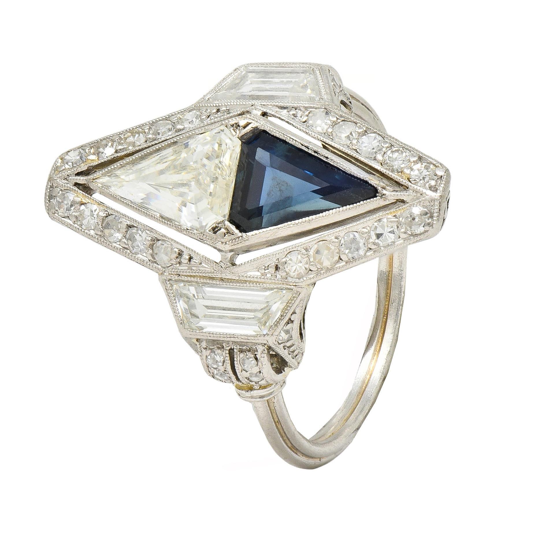 Art Deco Sapphire Diamond Platinum Antique Scrolling Navette Dinner Ring 3