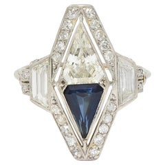 Art Deco Sapphire Diamond Platinum Antique Scrolling Navette Dinner Ring