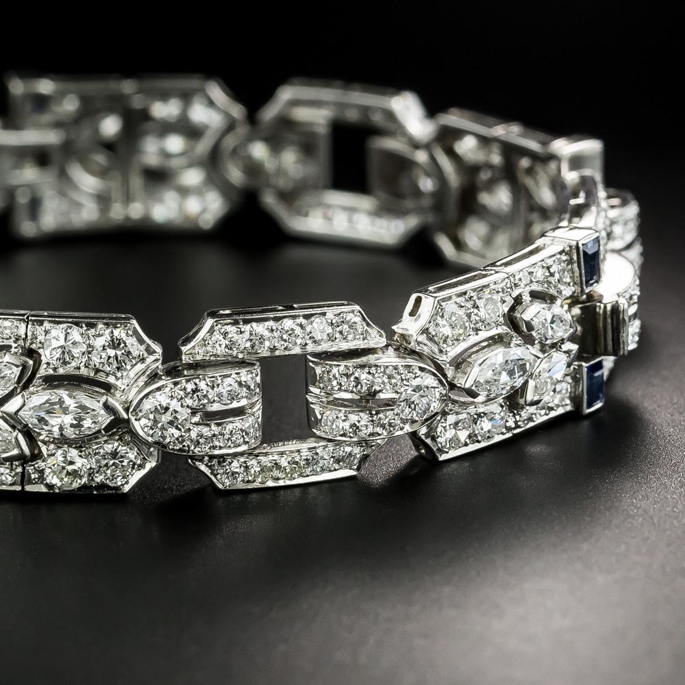 Baguette Cut Art Deco Sapphire Diamond Platinum Bracelet For Sale