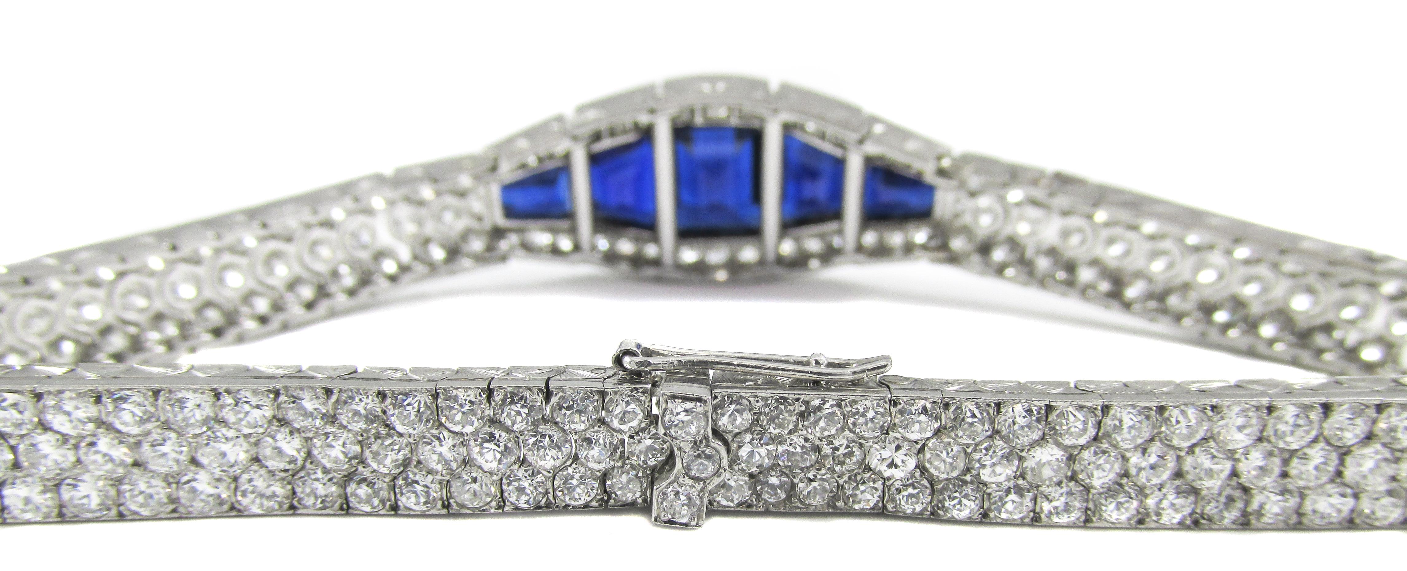 This exceptional Art Deco sapphire and diamond bracelet, which was hand crafted ca. 1925, is set with 218 prefectly matched Old European cut diamonds of the highest color and quality. The total diamond weight is approximately 15 carats. Each