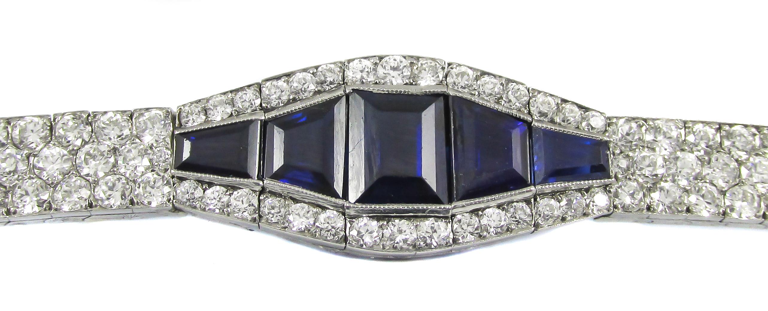 Round Cut Art Deco Sapphire Diamond Platinum Bracelet