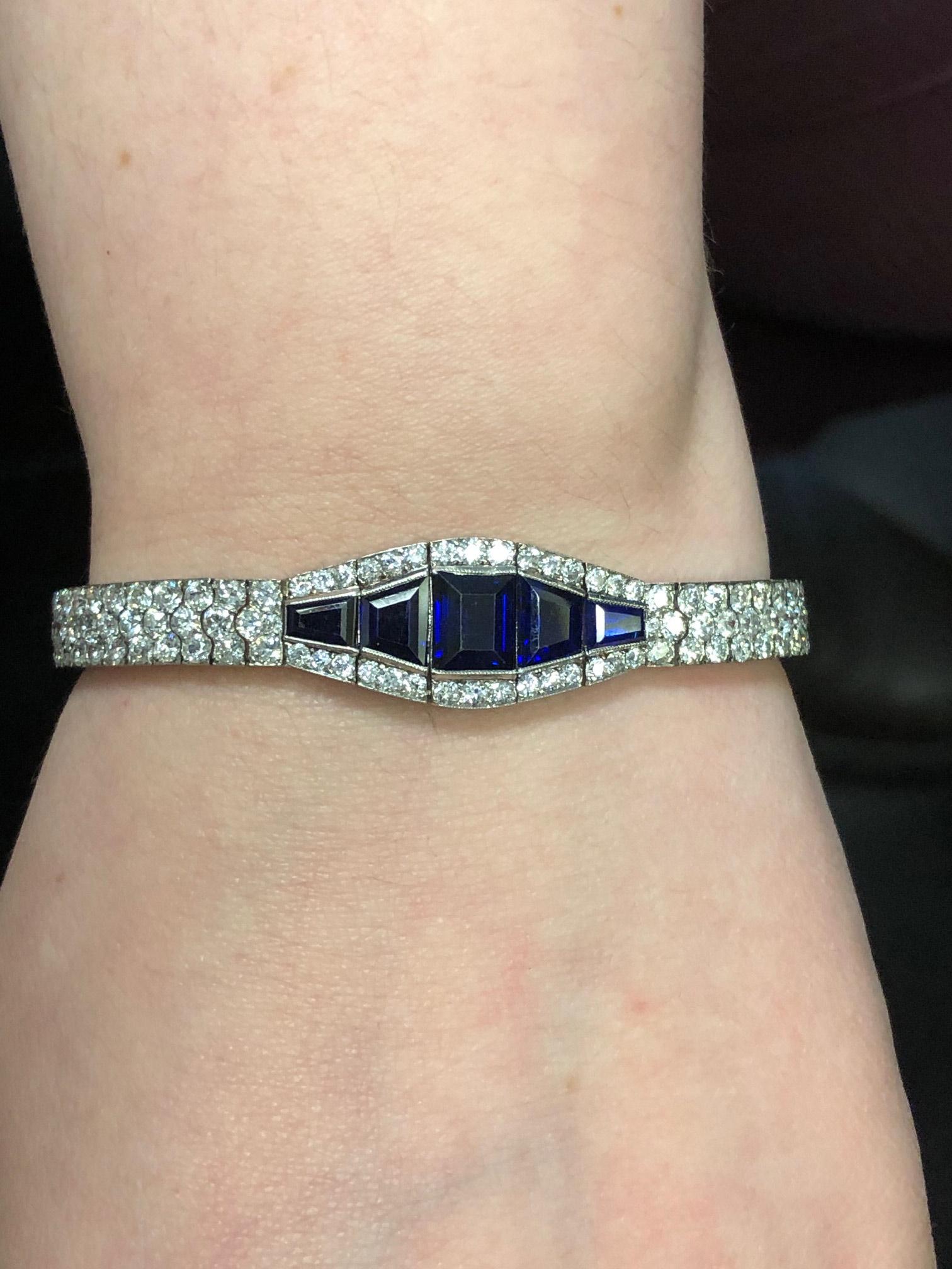 Women's or Men's Art Deco Sapphire Diamond Platinum Bracelet For Sale