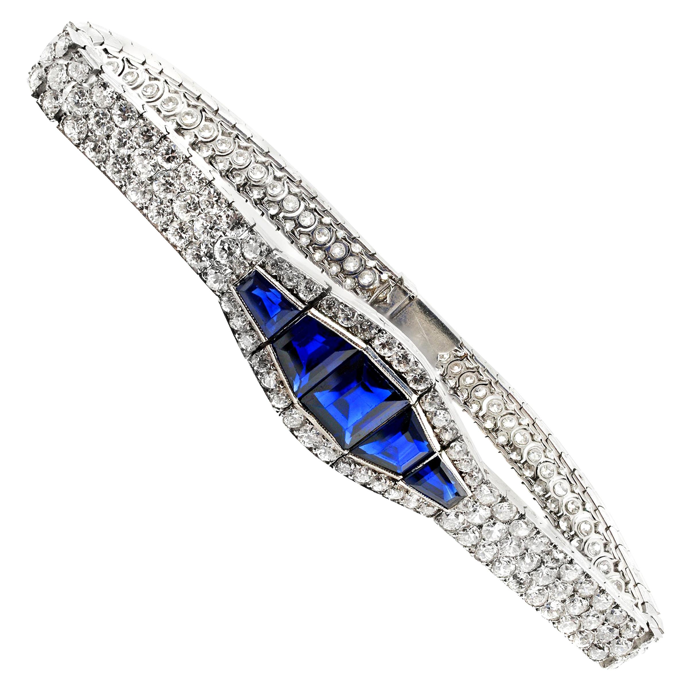 Art Deco Sapphire Diamond Platinum Bracelet For Sale