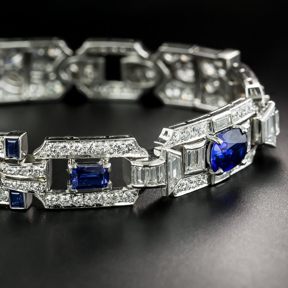 Sri Lanka (formerly known as Ceylon) is home to some of the world's oldest known sapphire mines and the stones are prized for their rich blue color. In this most marvelous and magnificent Art Deco bracelet, a 2.50-carat oval Sri Lankan sapphire of