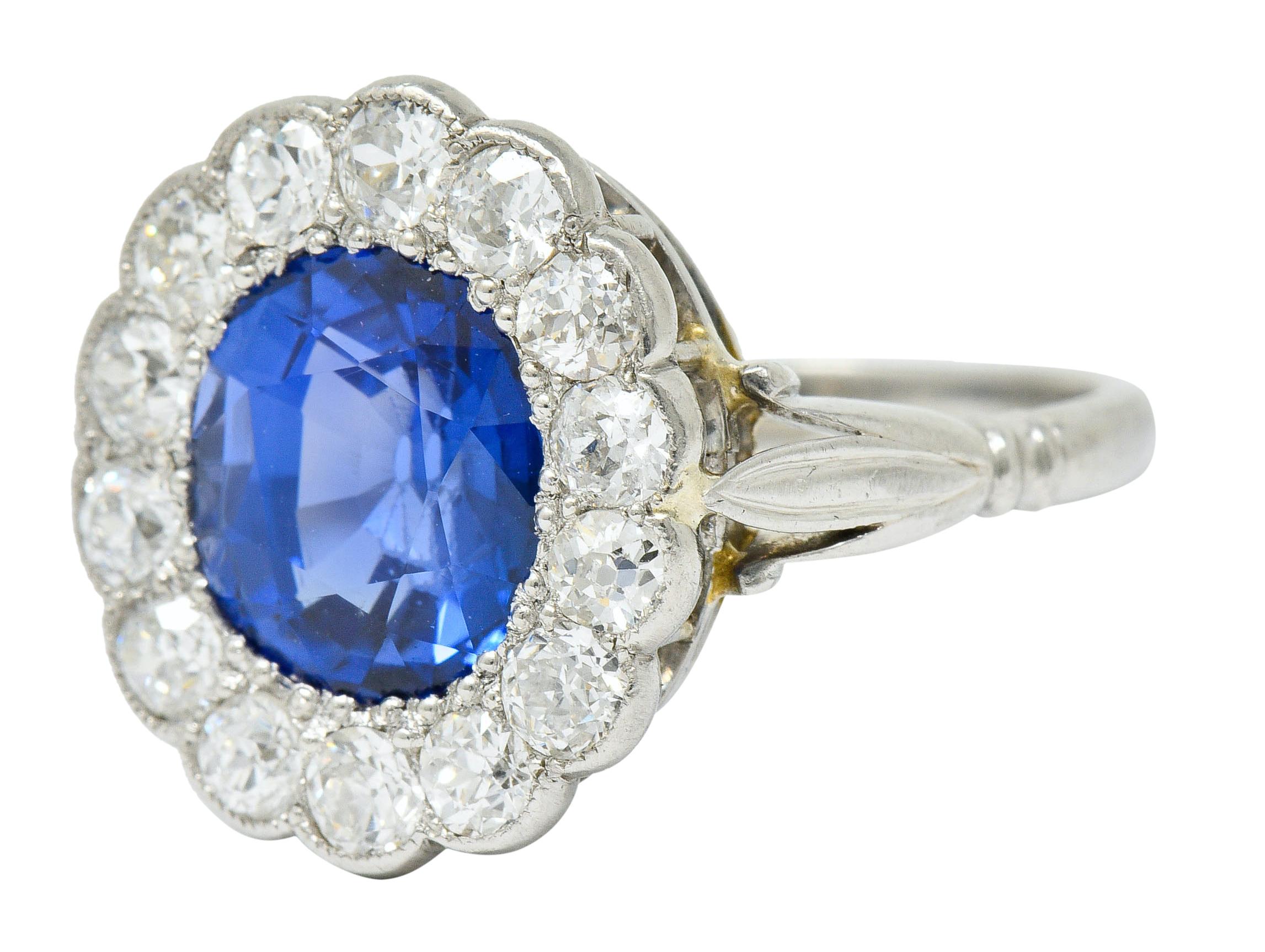 Women's or Men's Art Deco Sapphire Diamond Platinum Cluster Fleur-de-Lis Ring