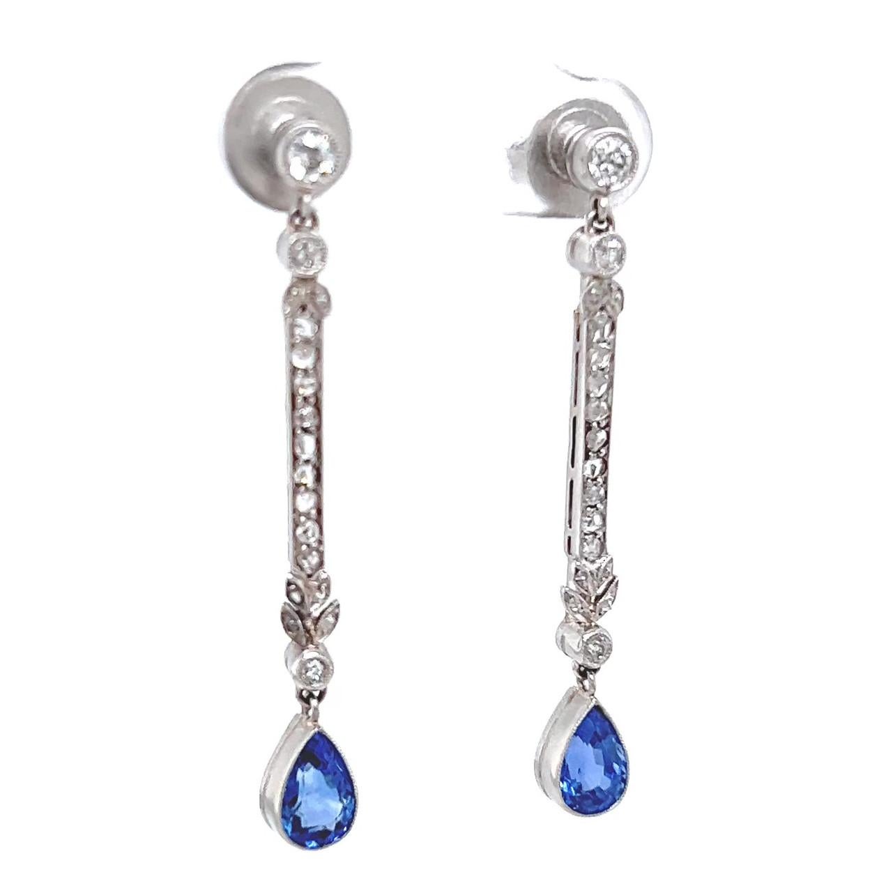 Pear Cut Art Deco Sapphire Diamond Platinum Drop Earrings