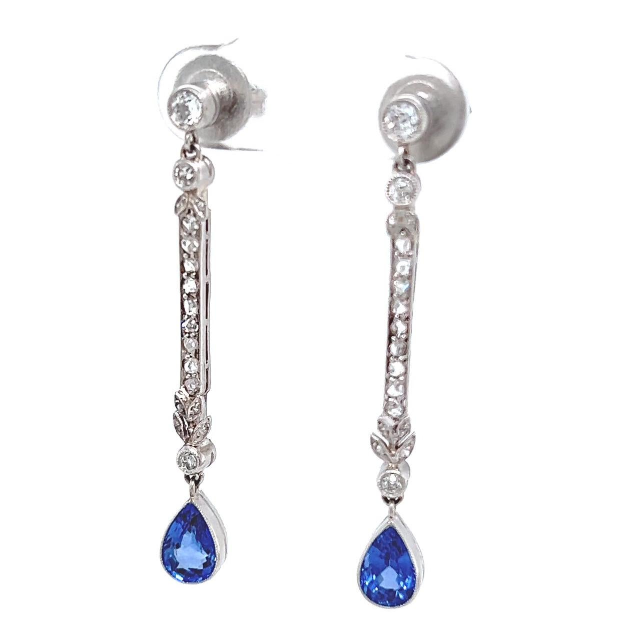 Art Deco Sapphire Diamond Platinum Drop Earrings In Excellent Condition In Beverly Hills, CA