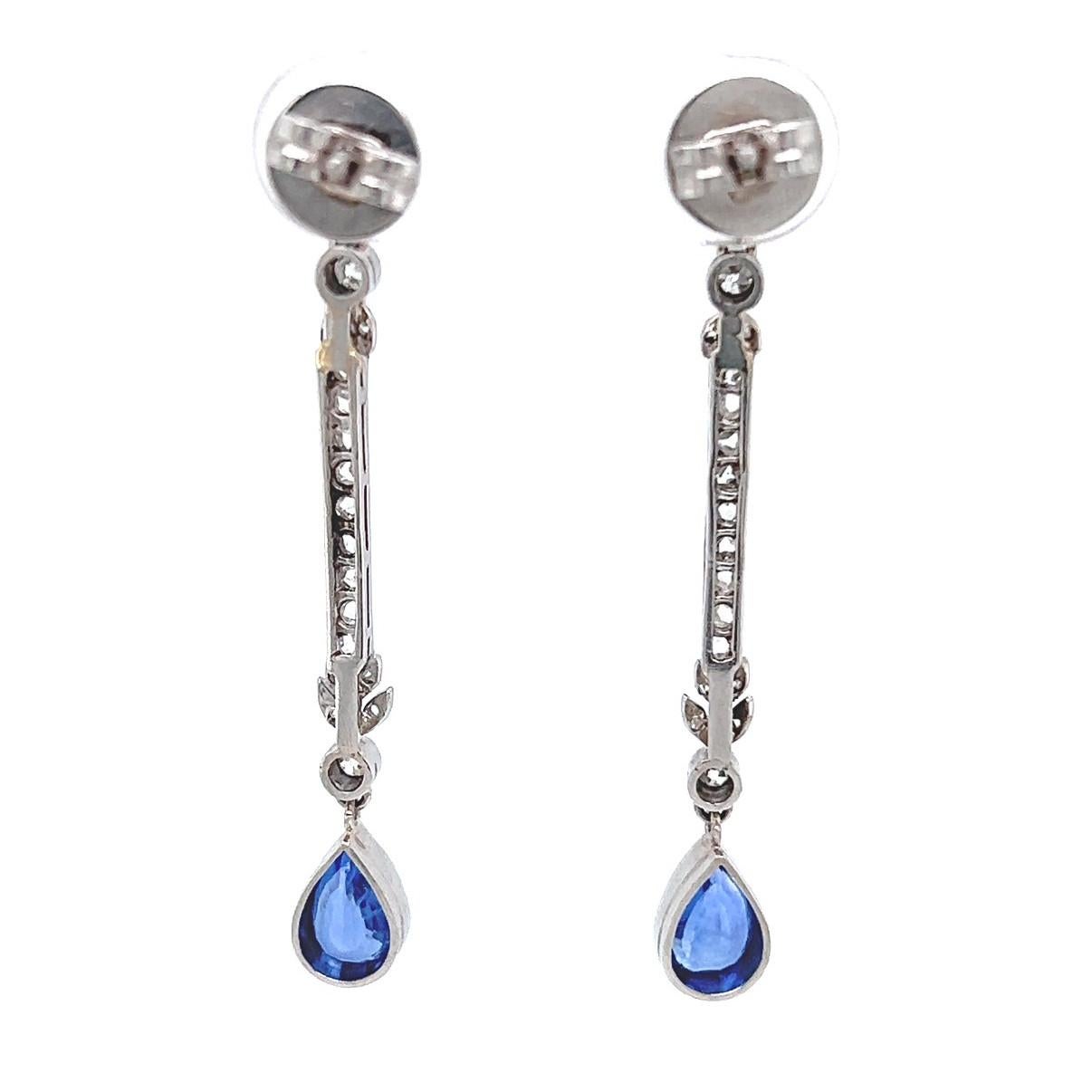 Women's or Men's Art Deco Sapphire Diamond Platinum Drop Earrings