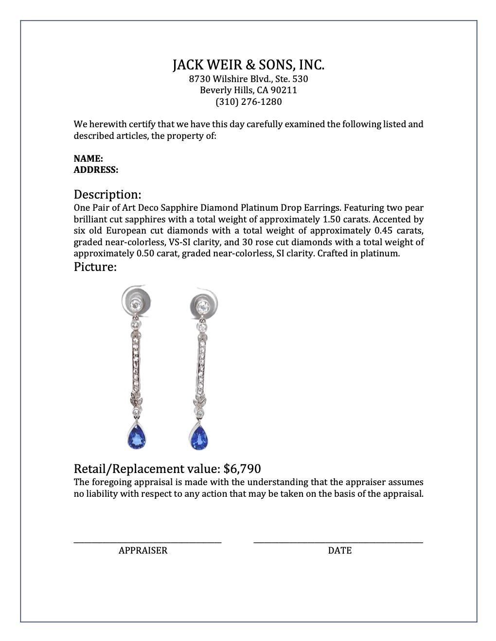 Art Deco Sapphire Diamond Platinum Drop Earrings 1