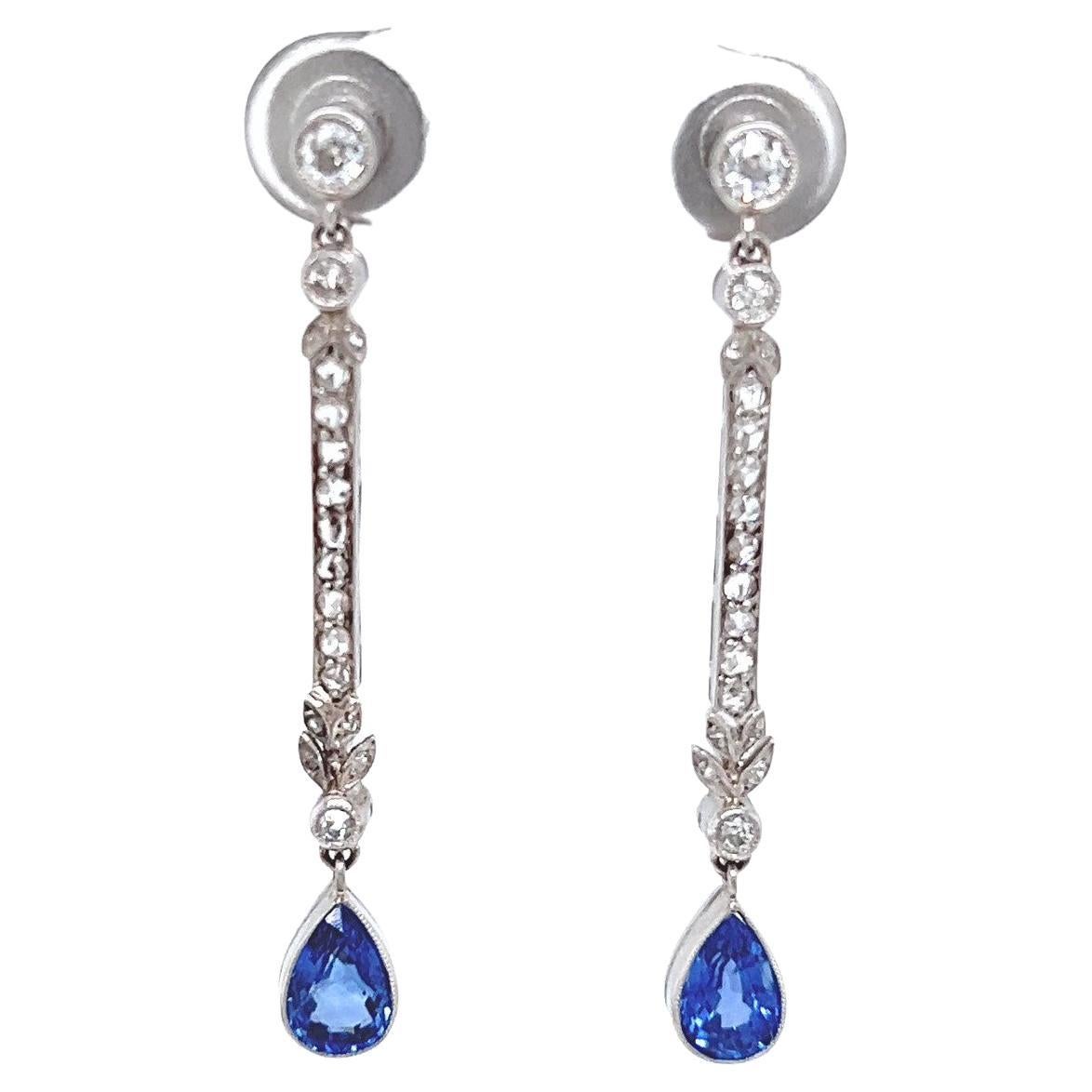 Art Deco Sapphire Diamond Platinum Drop Earrings