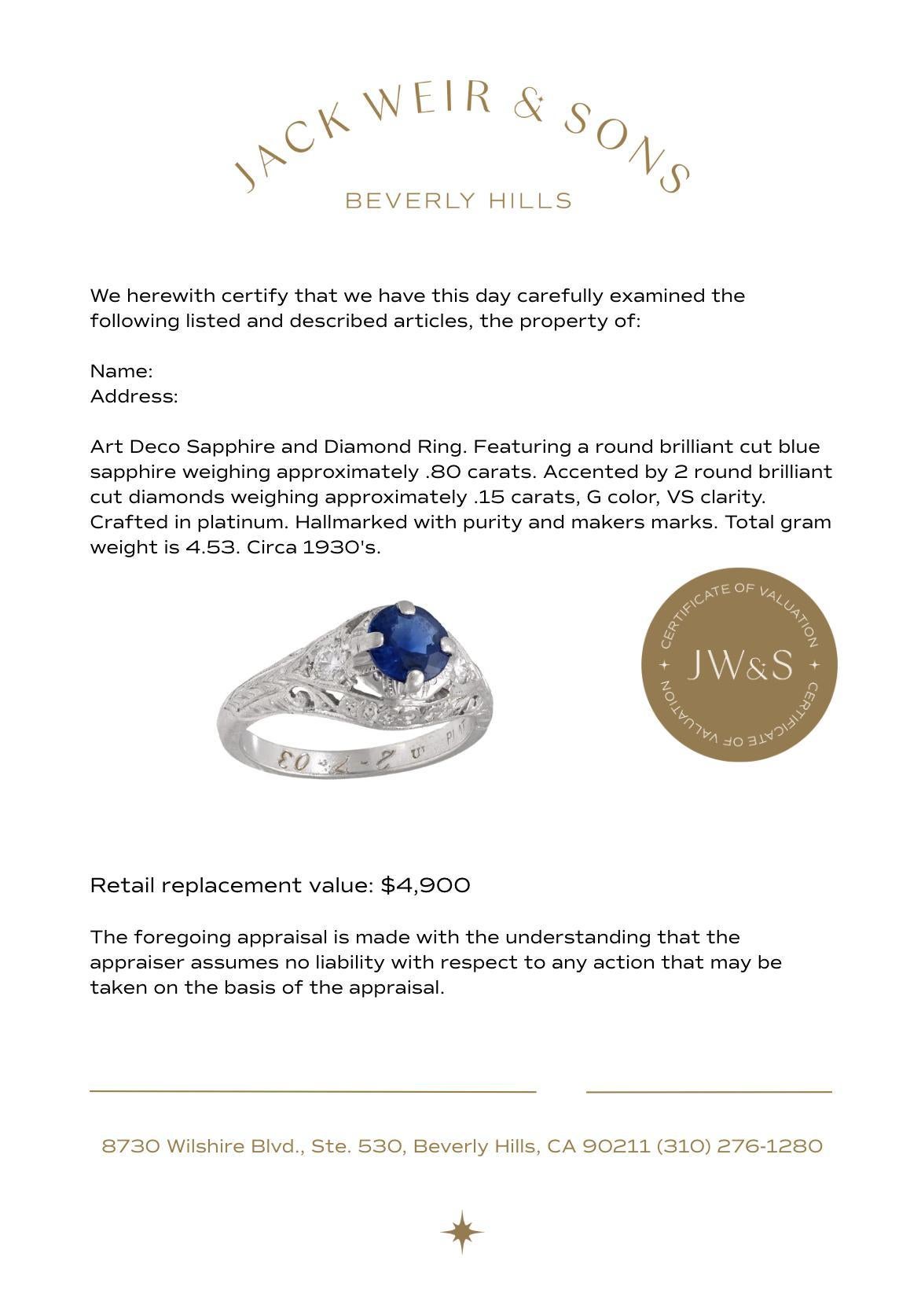 Art Deco sapphire diamond platinum engagement ring Pour femmes en vente
