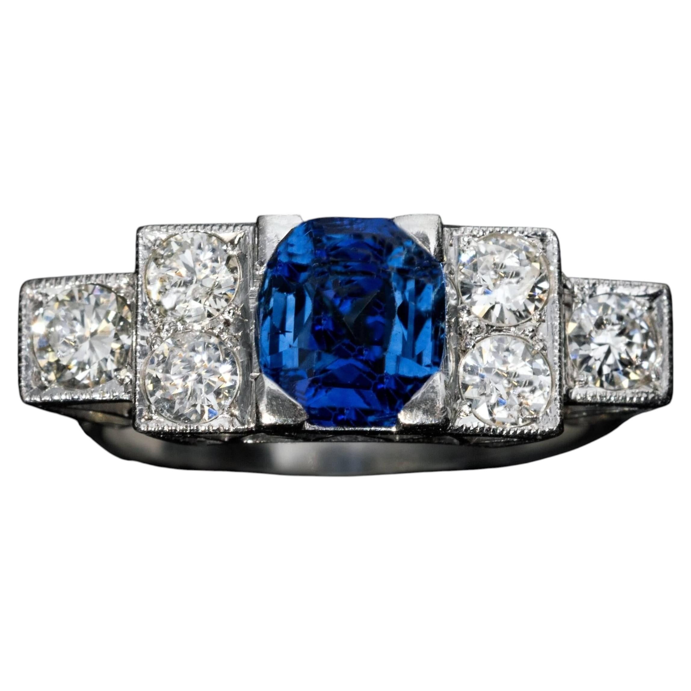 Art-Déco-Verlobungsring aus Platin mit Saphir und Diamanten, Art.-Nr.: 711902 im Angebot