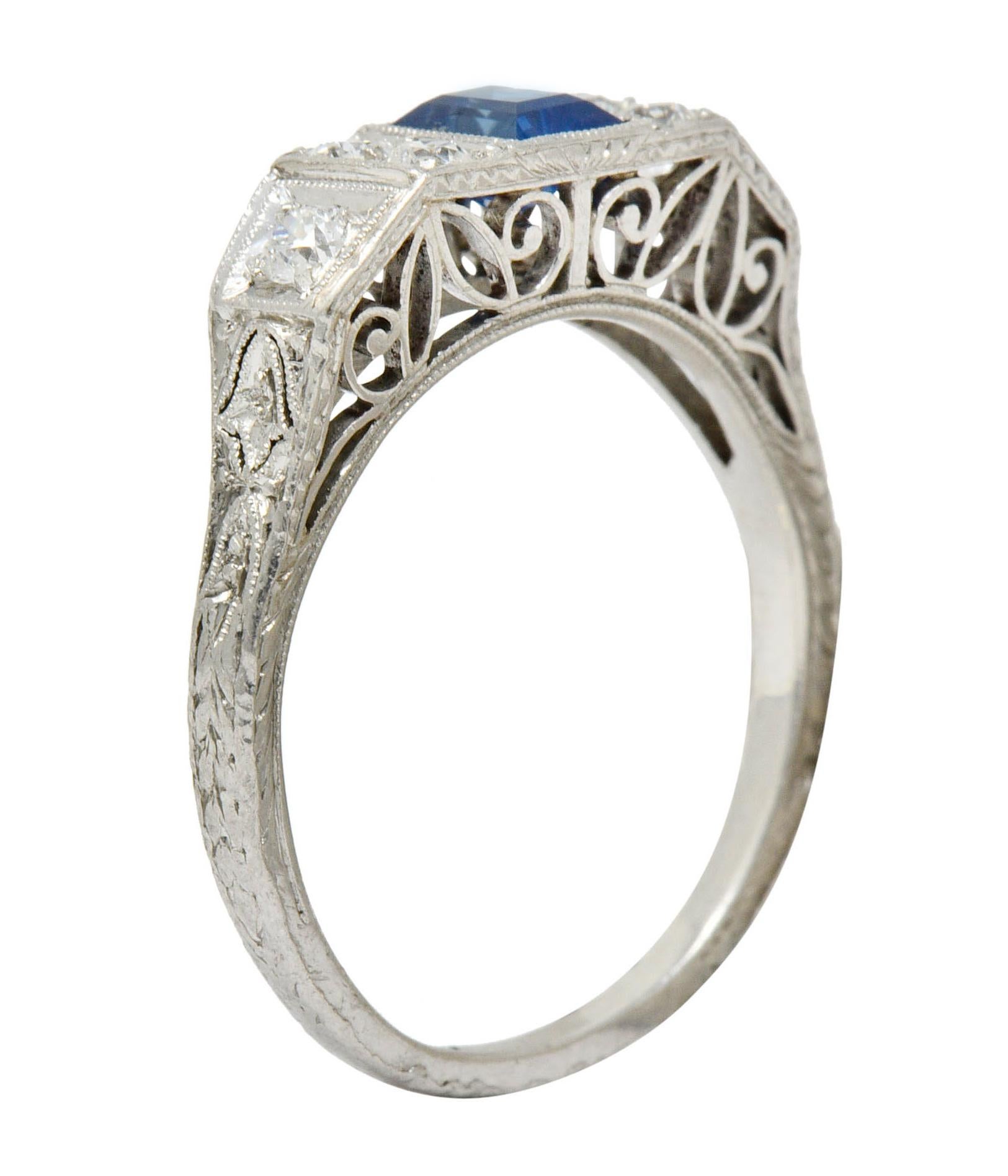 Art Deco Sapphire Diamond Platinum Filigree Band Ring 5