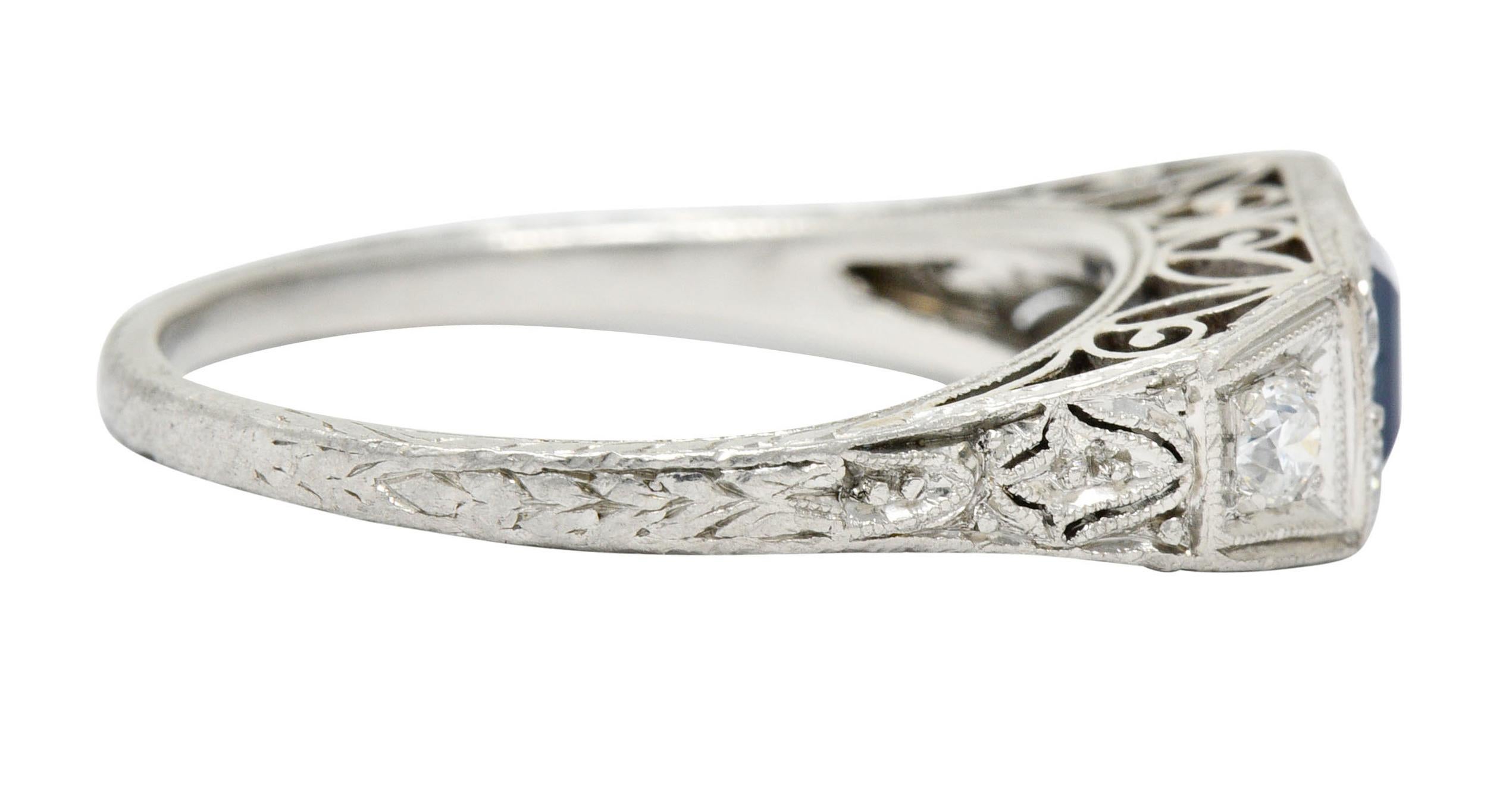 Old European Cut Art Deco Sapphire Diamond Platinum Filigree Band Ring