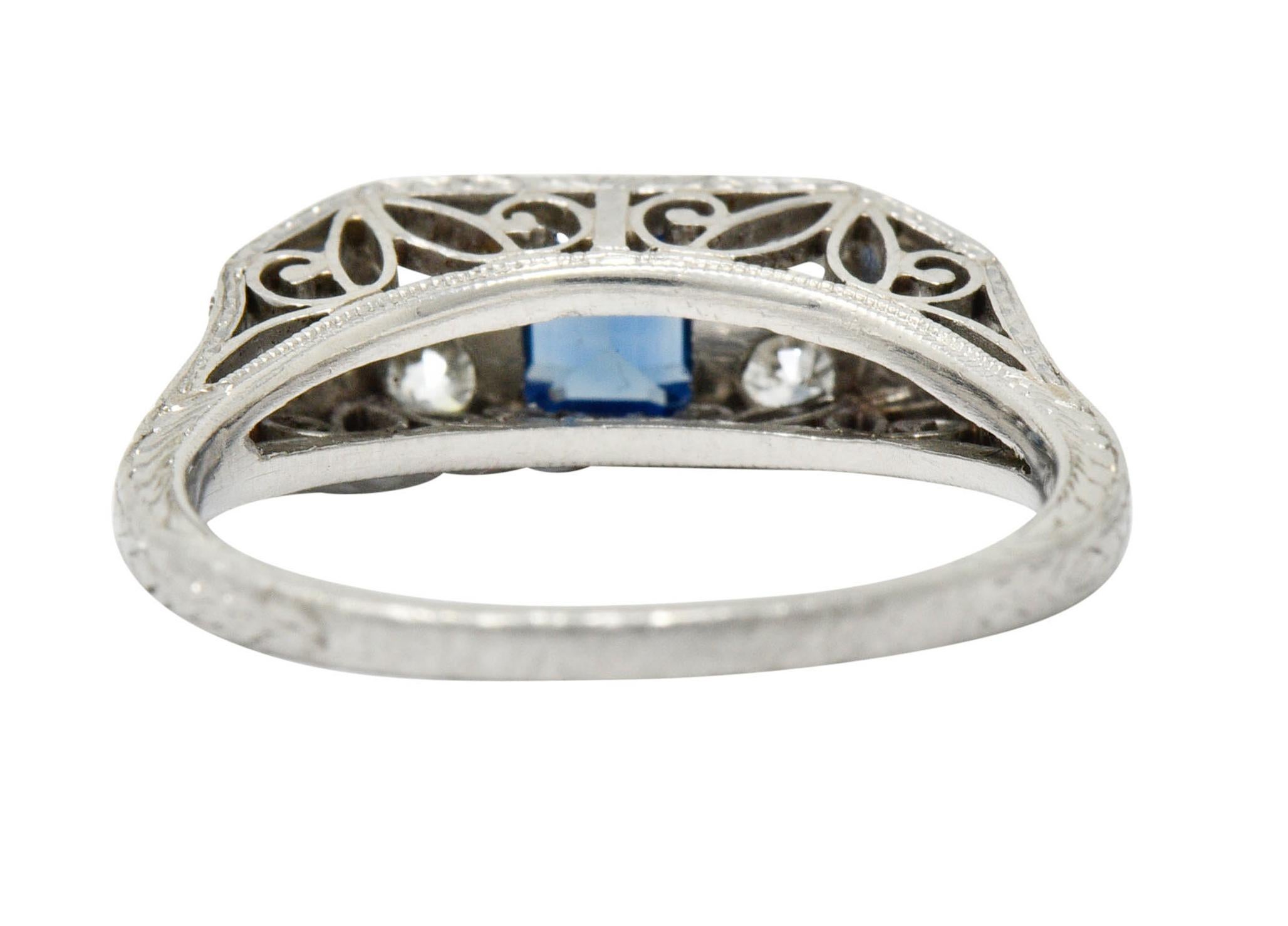 Art Deco Sapphire Diamond Platinum Filigree Band Ring In Excellent Condition In Philadelphia, PA
