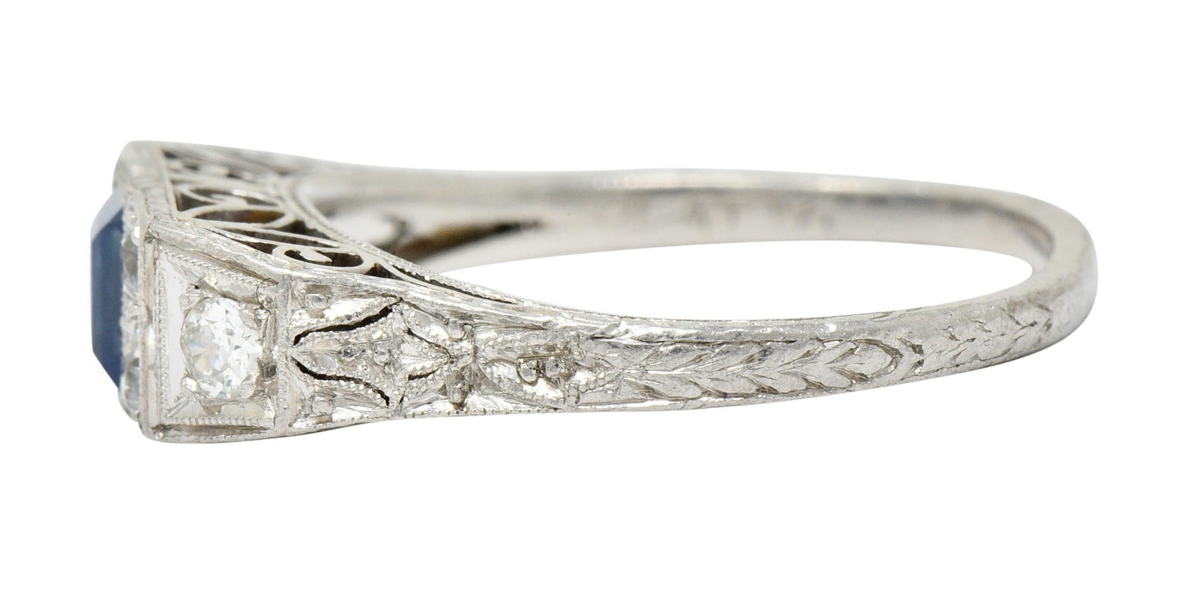 Women's or Men's Art Deco Sapphire Diamond Platinum Filigree Band Ring