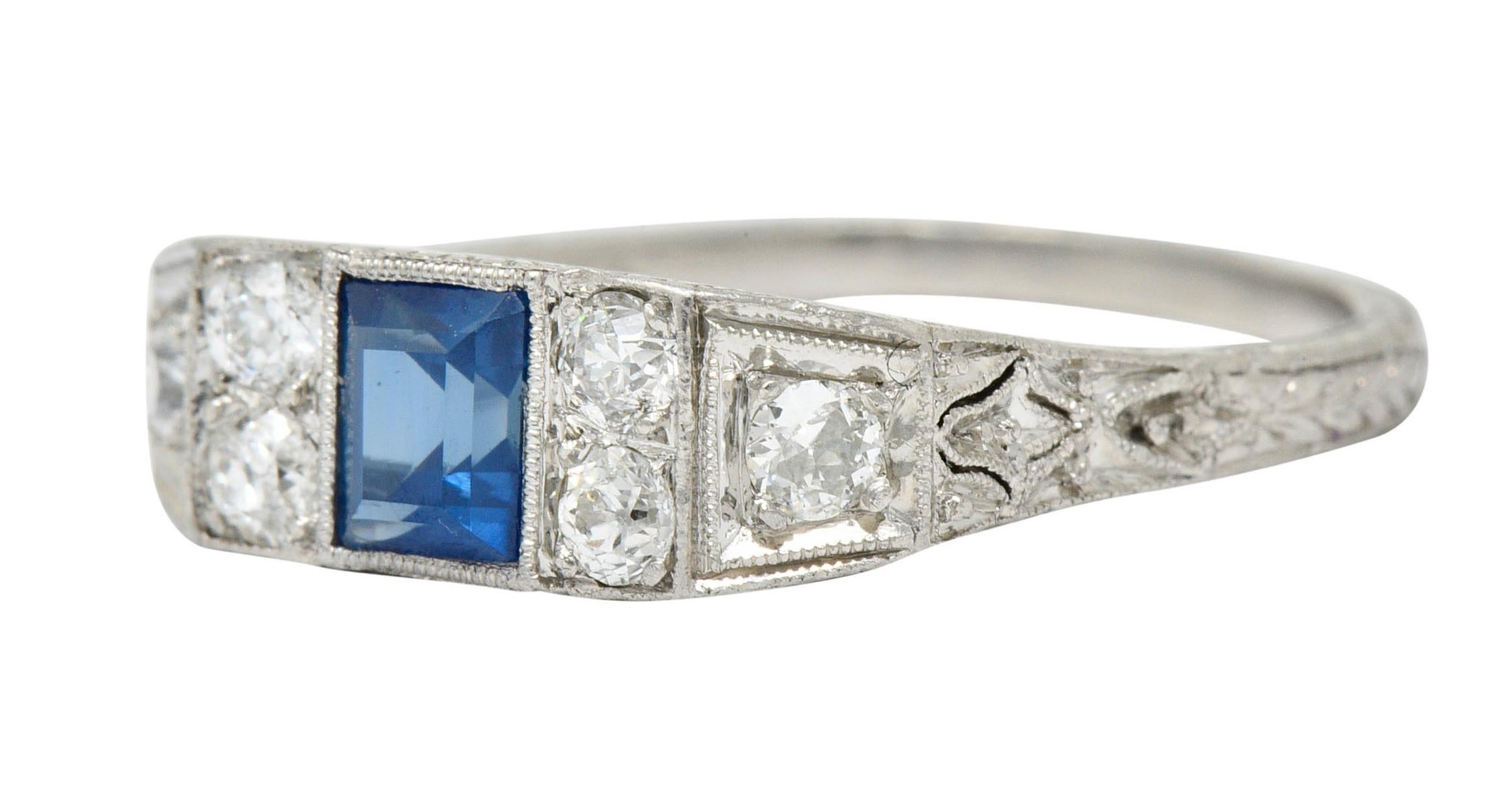 Art Deco Sapphire Diamond Platinum Filigree Band Ring 1