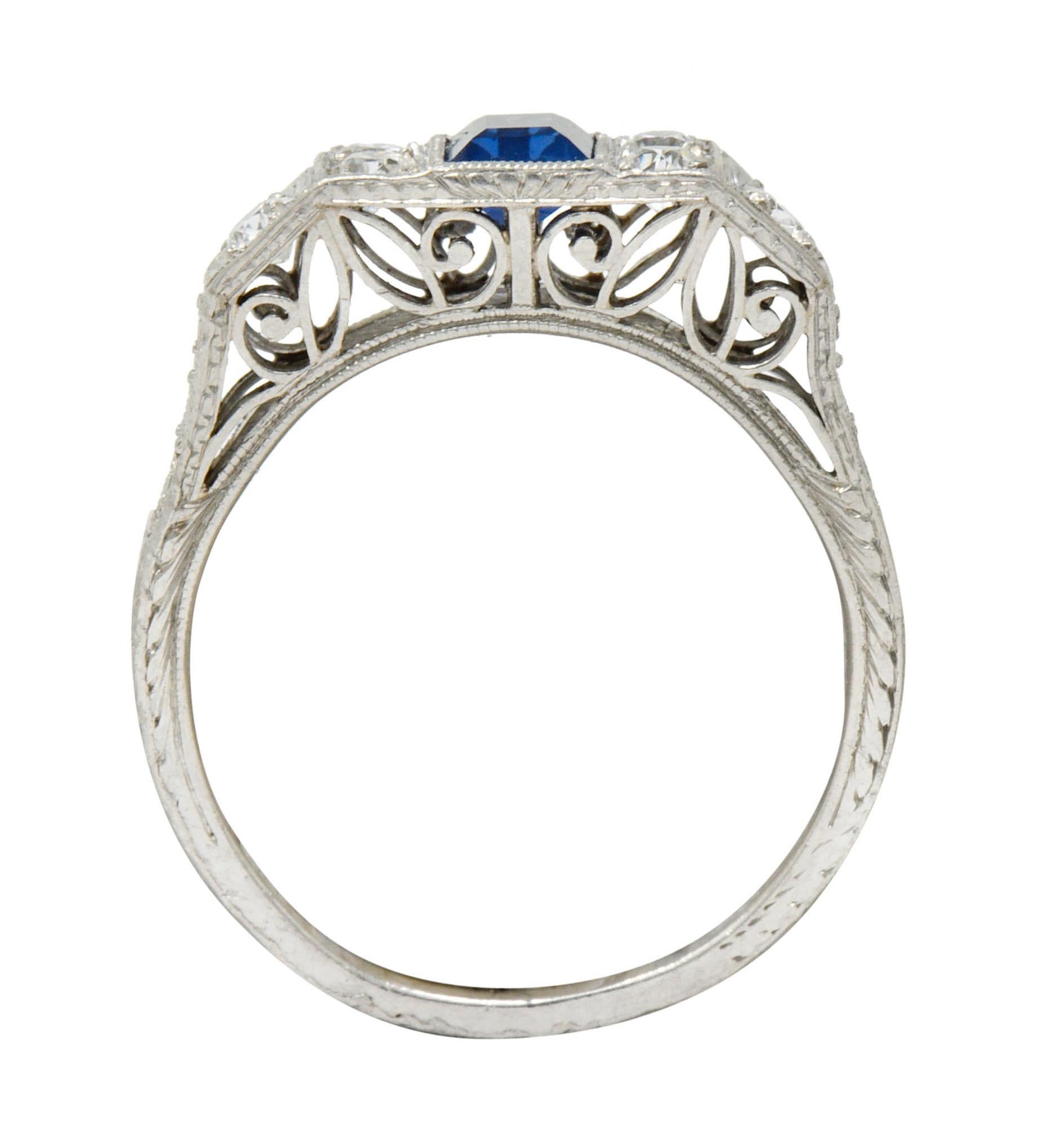 Art Deco Sapphire Diamond Platinum Filigree Band Ring 2