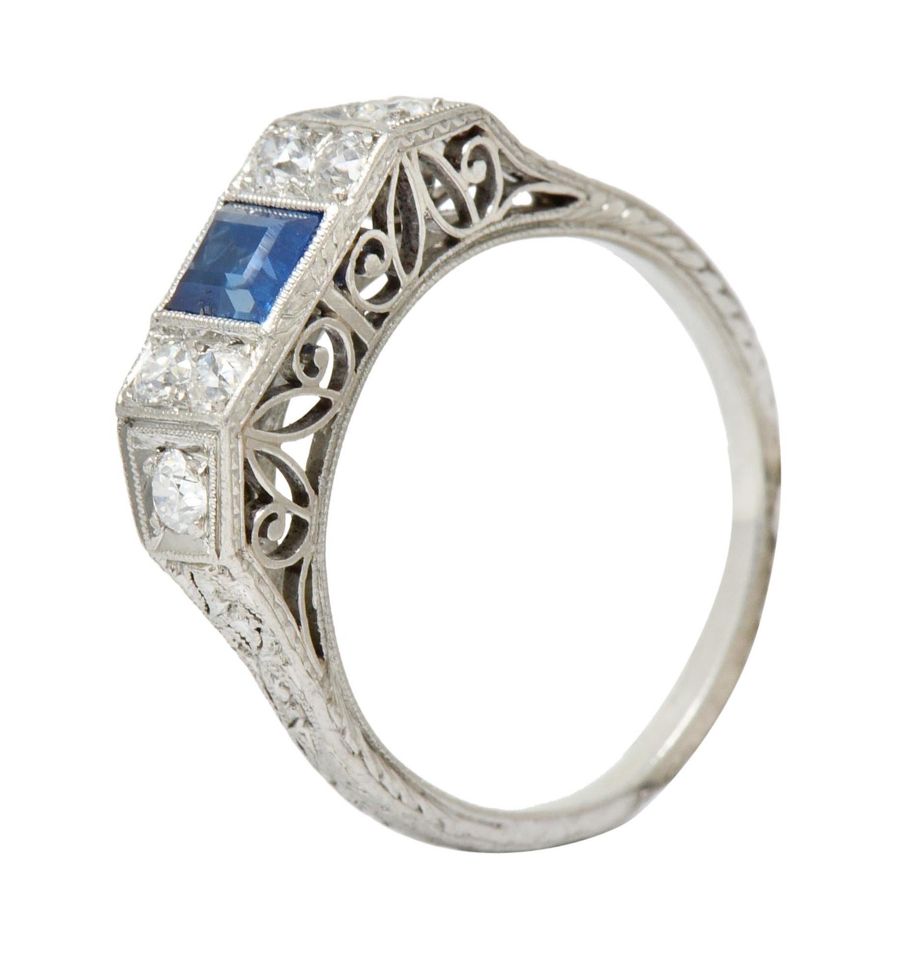 Art Deco Sapphire Diamond Platinum Filigree Band Ring 3