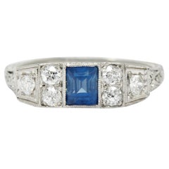 Art Deco Sapphire Diamond Platinum Filigree Band Ring