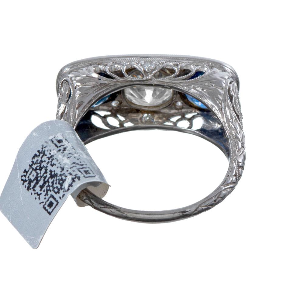 Old European Cut Art Deco Sapphire Diamond Platinum Filigree Ring For Sale