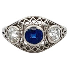 Art Deco Sapphire Diamond Platinum Filigree Three Stone Ring