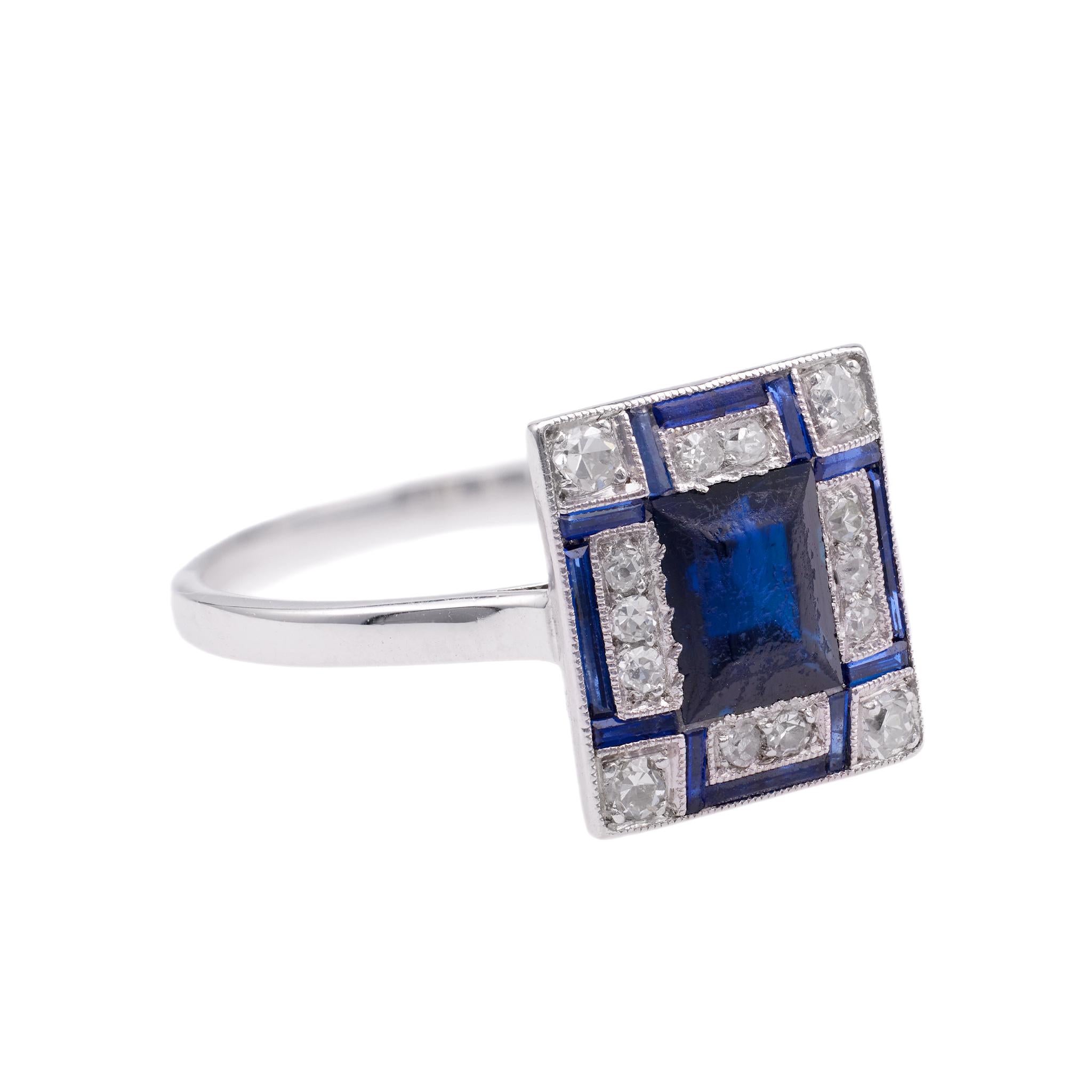 Women's or Men's Art Deco Sapphire Diamond Platinum Geometric Ring For Sale