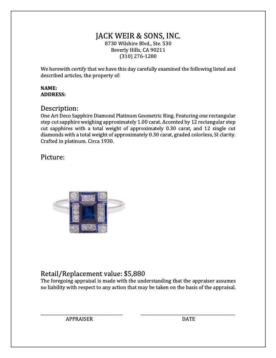 Art Deco Sapphire Diamond Platinum Geometric Ring For Sale 1