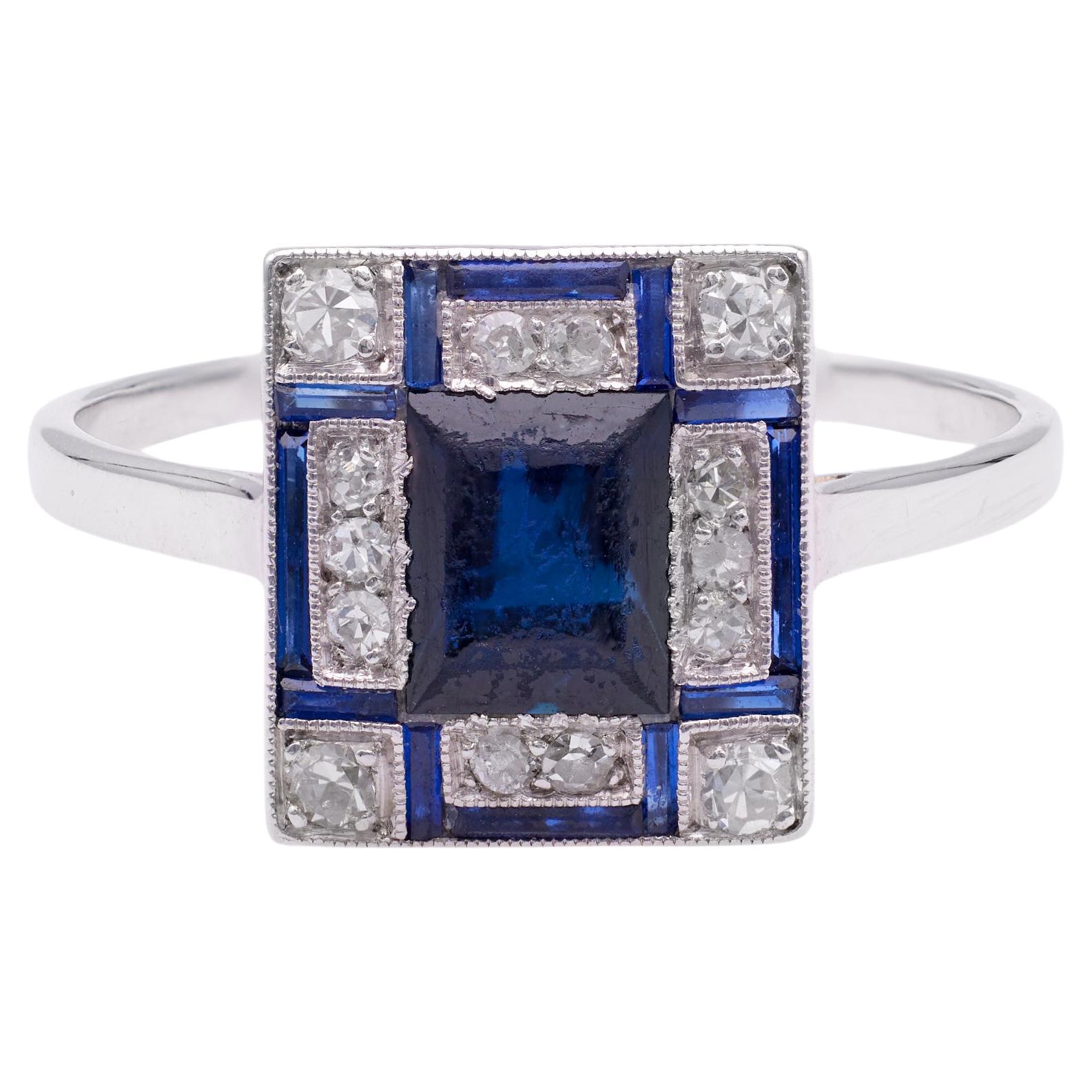 Art Deco Sapphire Diamond Platinum Geometric Ring For Sale