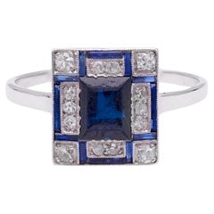 Geometrischer Art Deco Saphir-Diamant-Platin-Ring