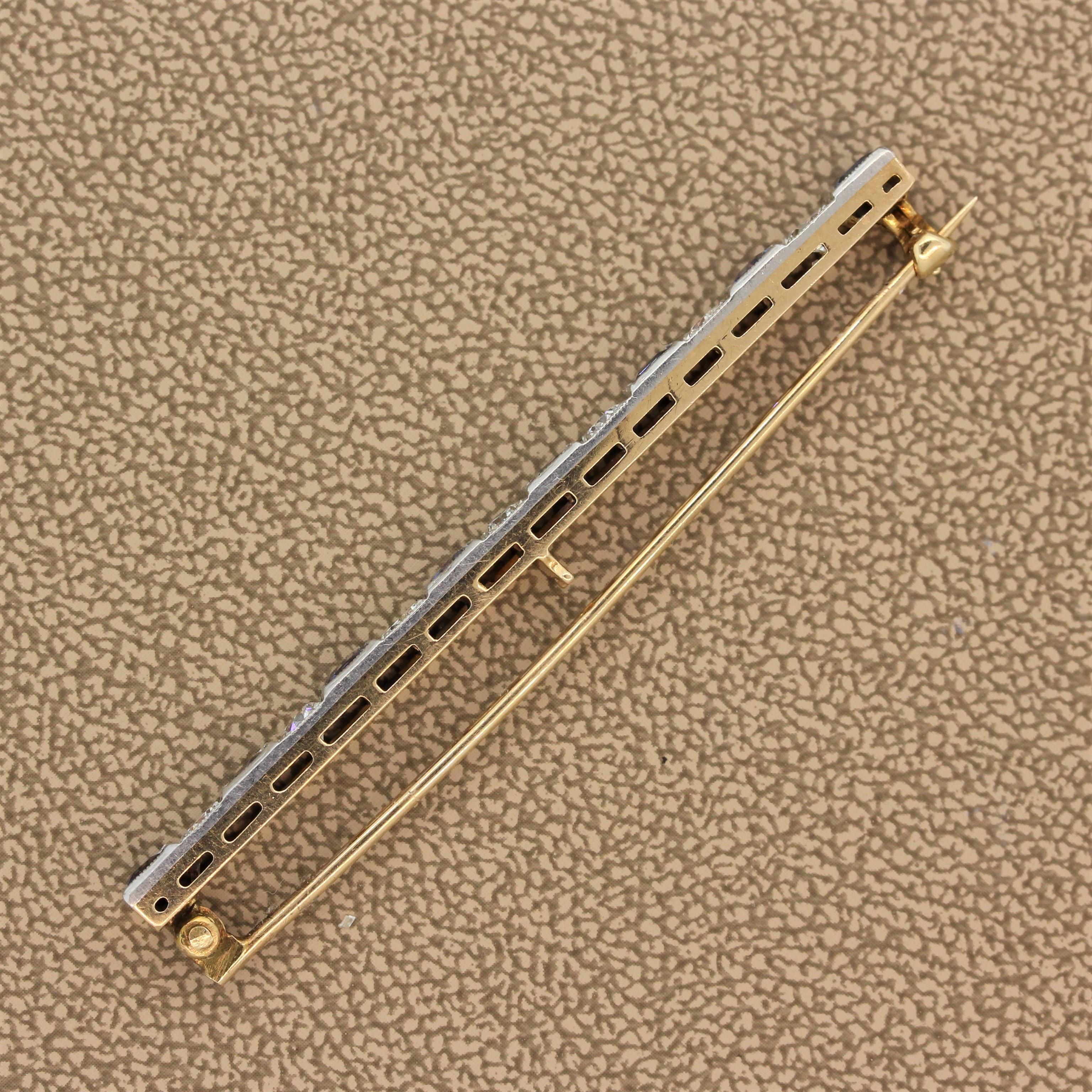 Women's Art Deco Sapphire Diamond Platinum Gold Bar-Pin Brooch For Sale
