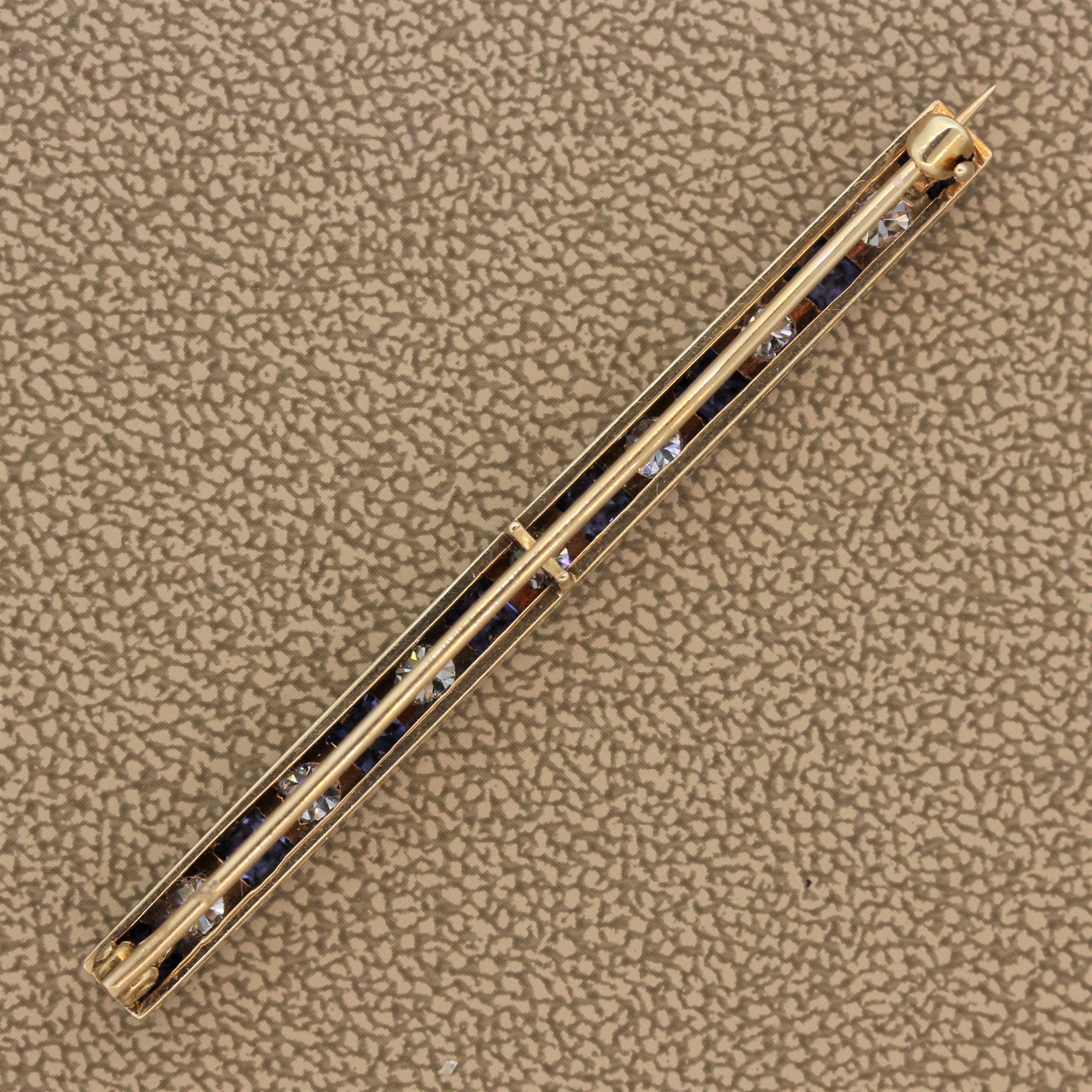 Art Deco Sapphire Diamond Platinum Gold Bar-Pin Brooch For Sale 1