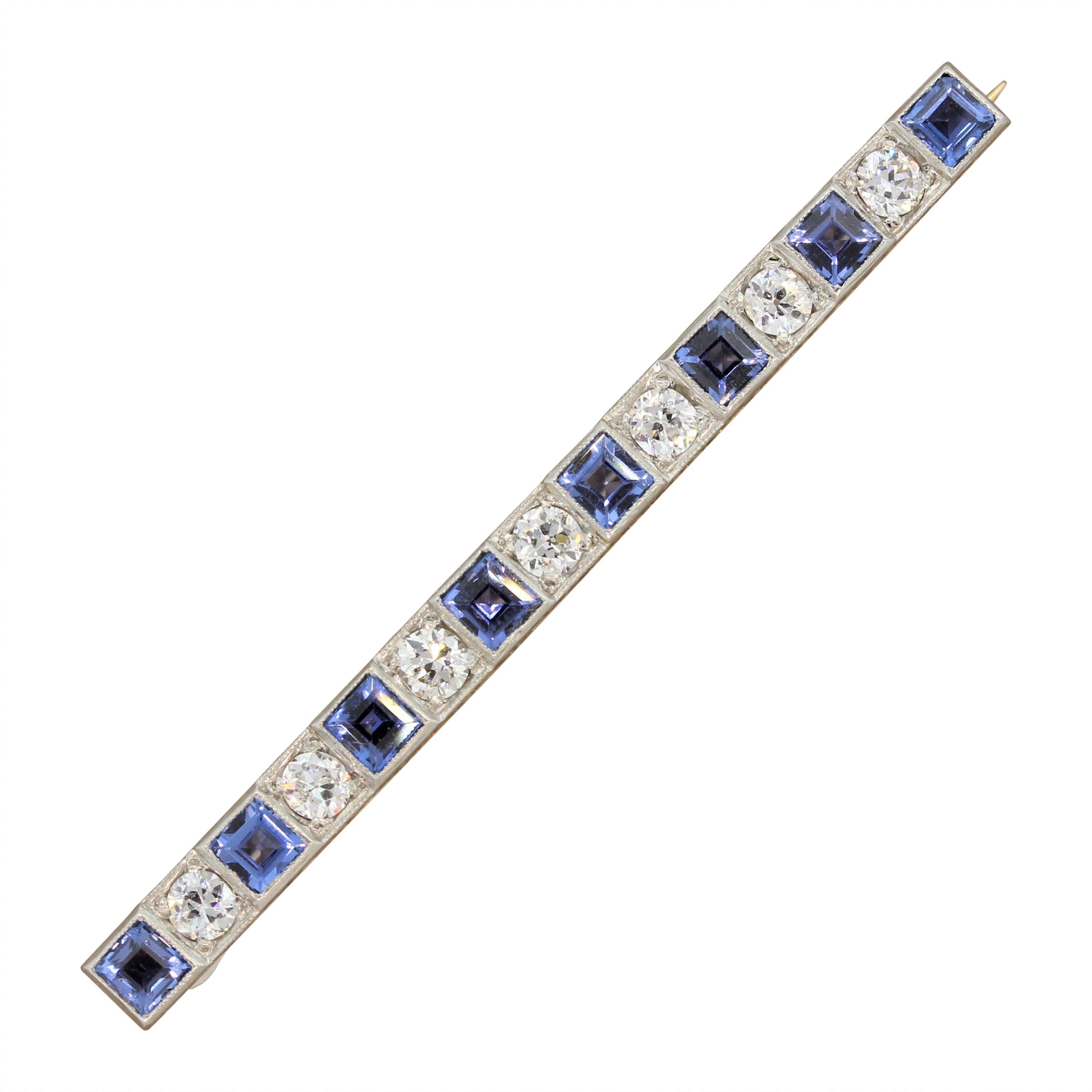 Art Deco Saphir-Diamant-Platin-Gold-Brosche