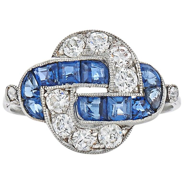 Women's Art Deco Sapphire Diamond Platinum Knot Ring
