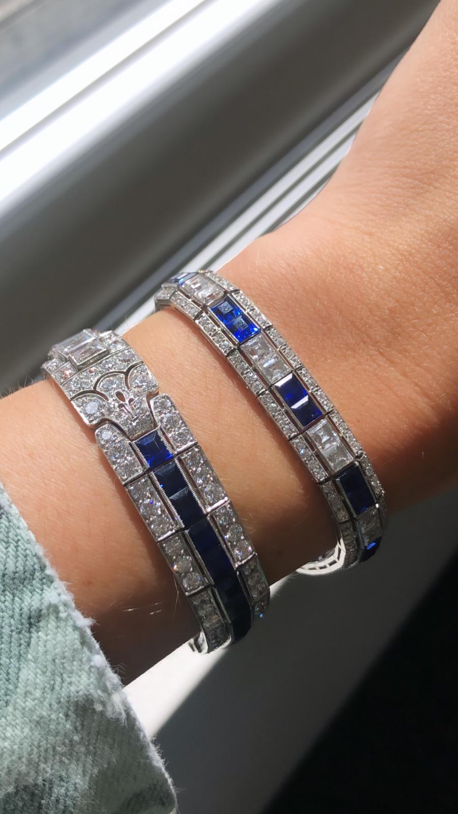 Emerald Cut Art Deco Sapphire and Diamond Platinum Line Bracelet For Sale